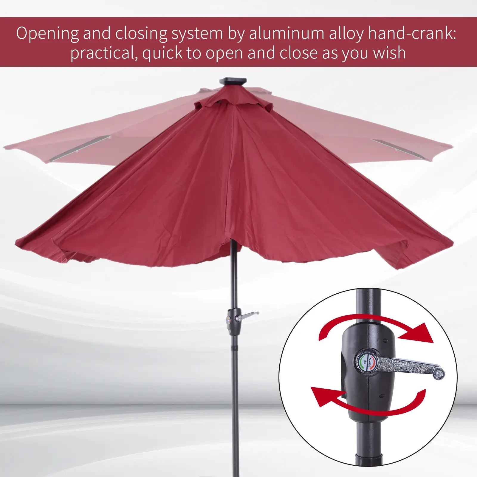 Parasol Umbrella Shade Metal Frame w/ 24 Solar LED Lights & Hand Crank Wine Red - Home and Garden Furniture Shop - rustic - furniture