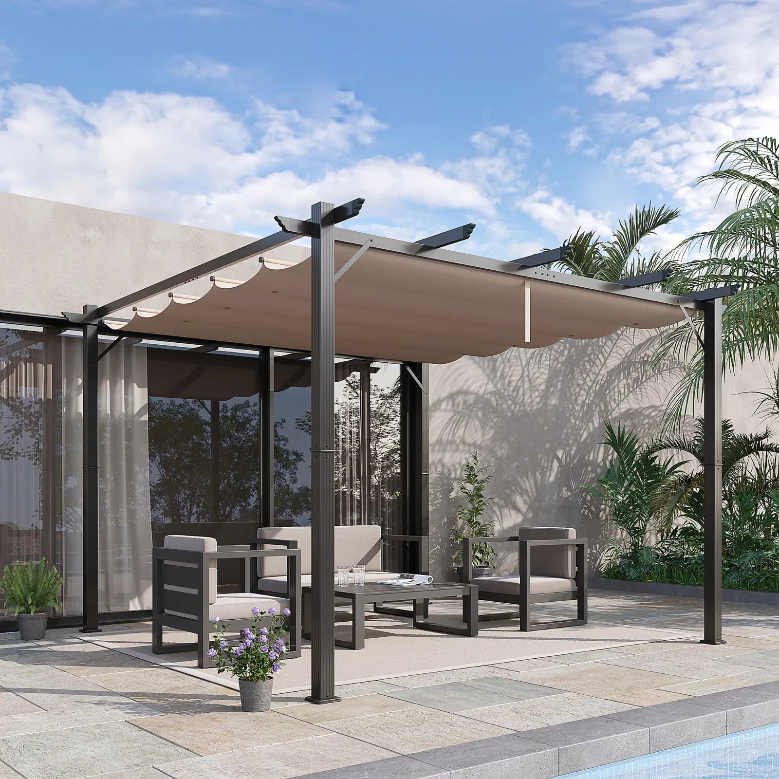 Pergola Gazebo Canopy Sun Shade Shelter With Retractable Canopy Roof Brown - Home and Garden Furniture Shop - rustic - furniture
