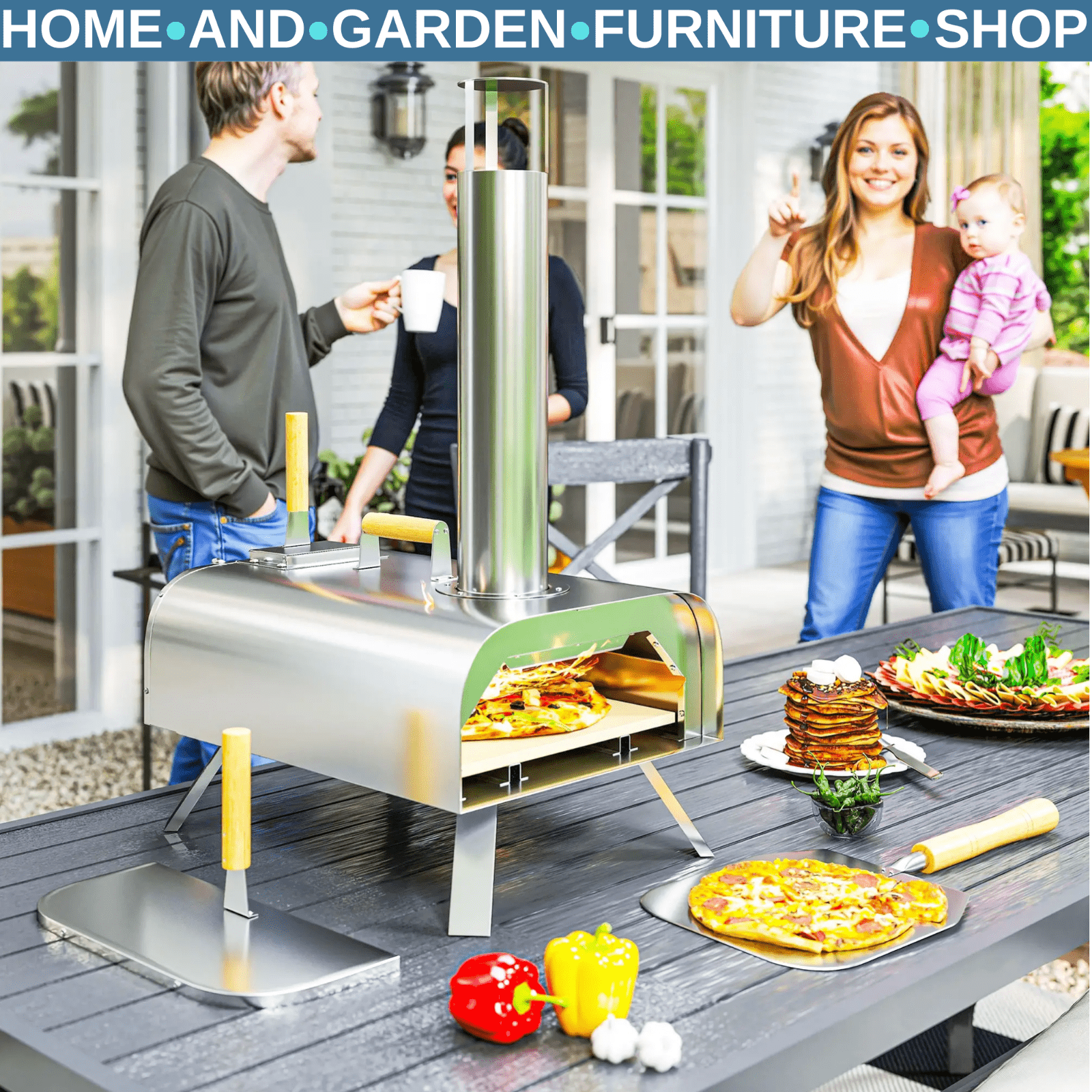Pizza Oven Portable Stainless Steel with Pizza Stone & Foldable Legs Silver - Home and Garden Furniture Shop - rustic - furniture