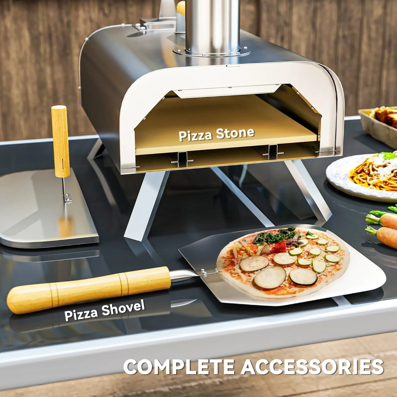 Pizza Oven Portable Stainless Steel with Pizza Stone & Foldable Legs Silver - Home and Garden Furniture Shop - rustic - furniture