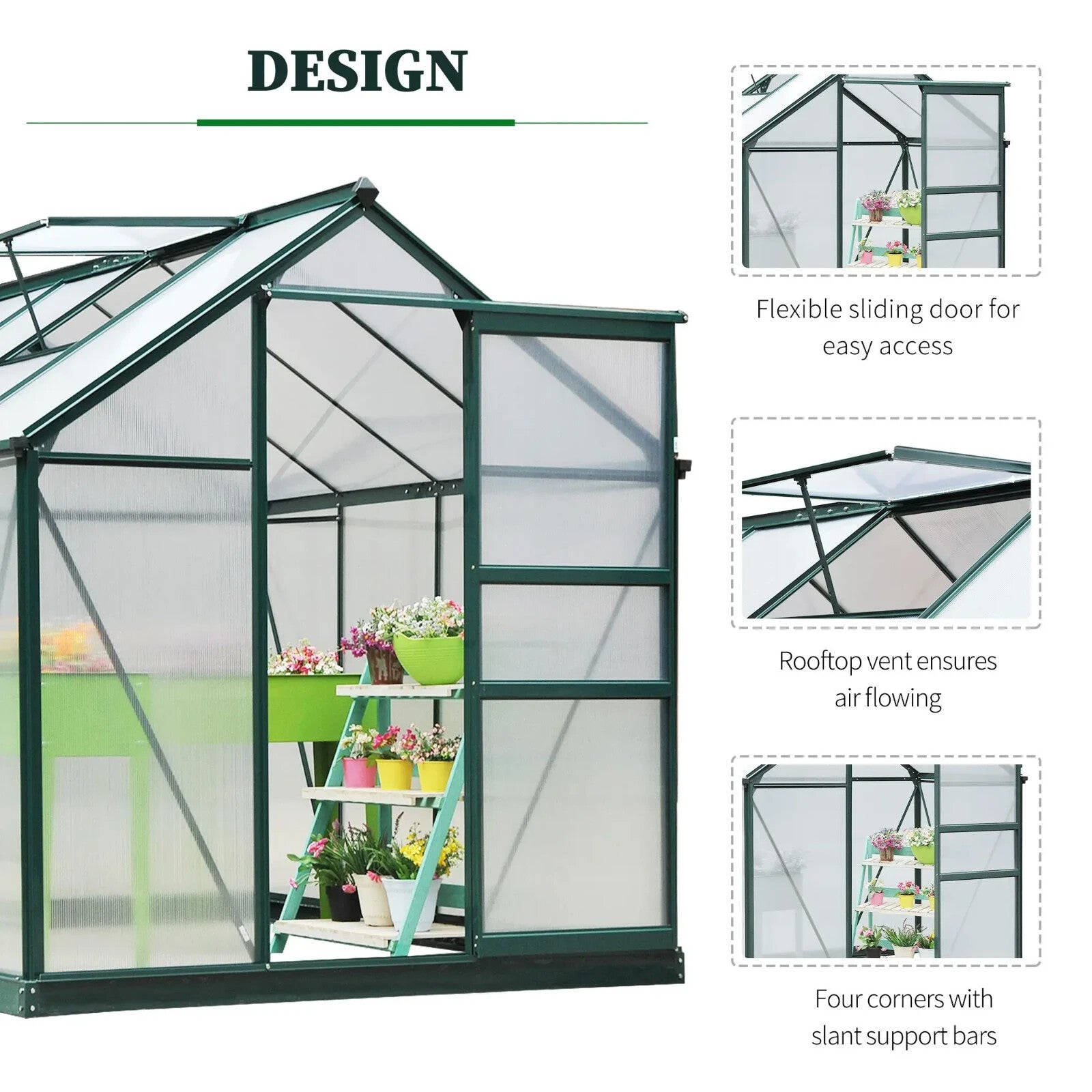 Polycarbonate Greenhouse Aluminium Frame w/ Foundation & Slide Door Dark Green - Home and Garden Furniture Shop - rustic - furniture