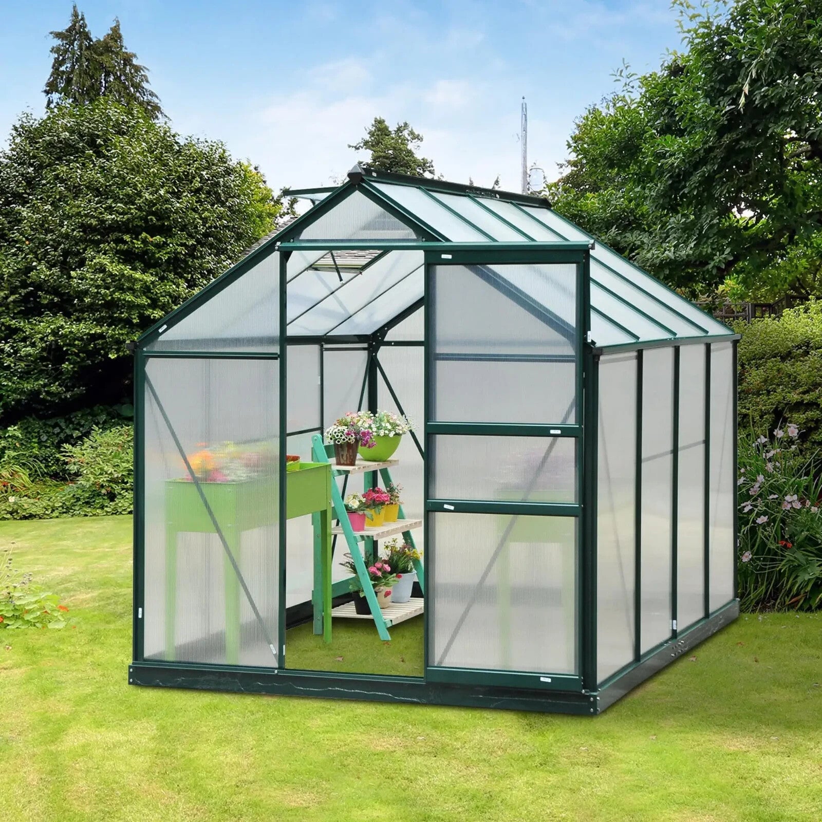 Polycarbonate Greenhouse Aluminium Frame w/ Foundation & Slide Door Dark Green - Home and Garden Furniture Shop - rustic - furniture