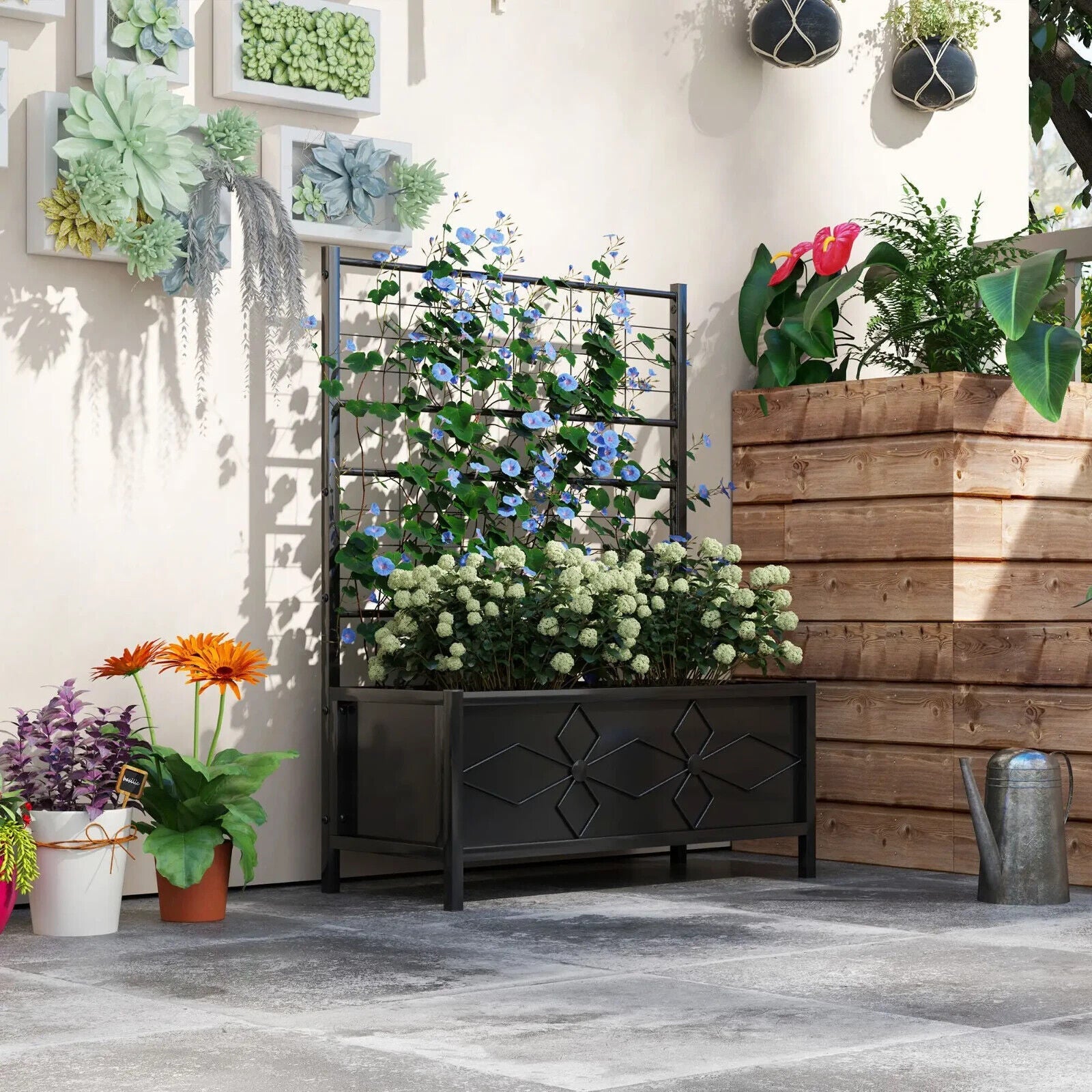 Raised Bed for Garden with Trellis Galvanised Planter Box Drainage Holes - Home and Garden Furniture Shop - #rustic - furniture#