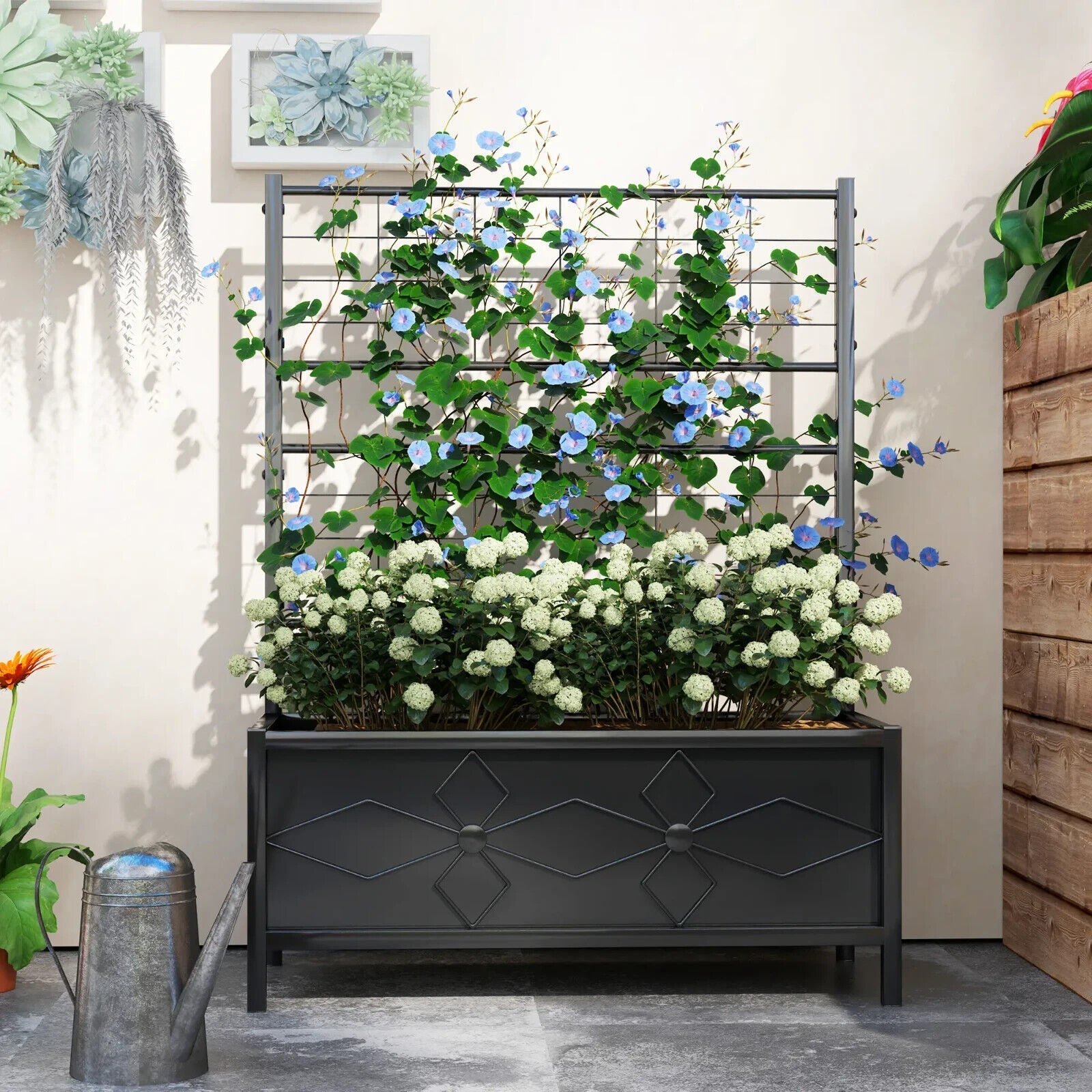 Raised Bed for Garden with Trellis Galvanised Planter Box Drainage Holes - Home and Garden Furniture Shop - #rustic - furniture#