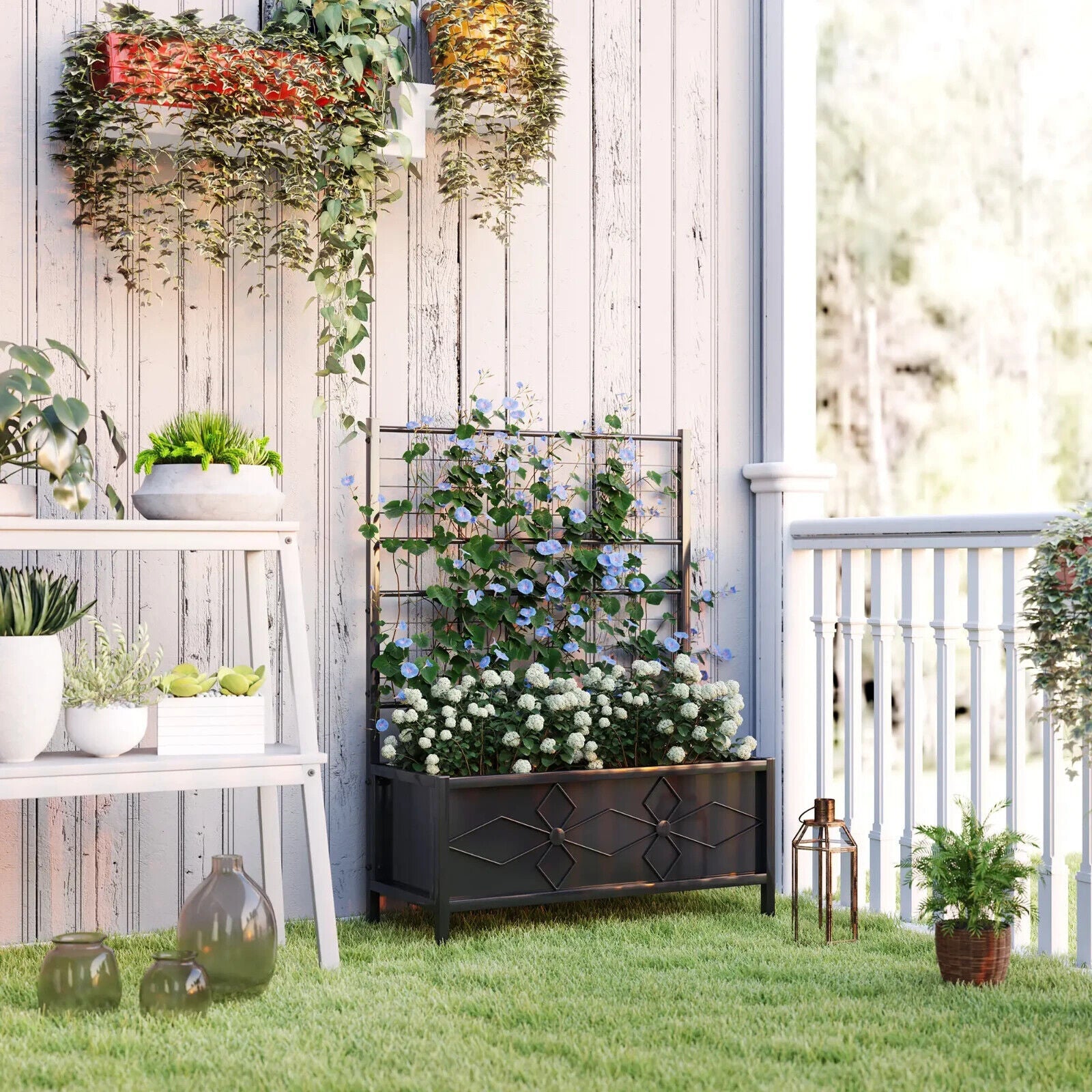 Raised Bed for Garden with Trellis Galvanised Planter Box Drainage Holes - Home and Garden Furniture Shop - #rustic - furniture#