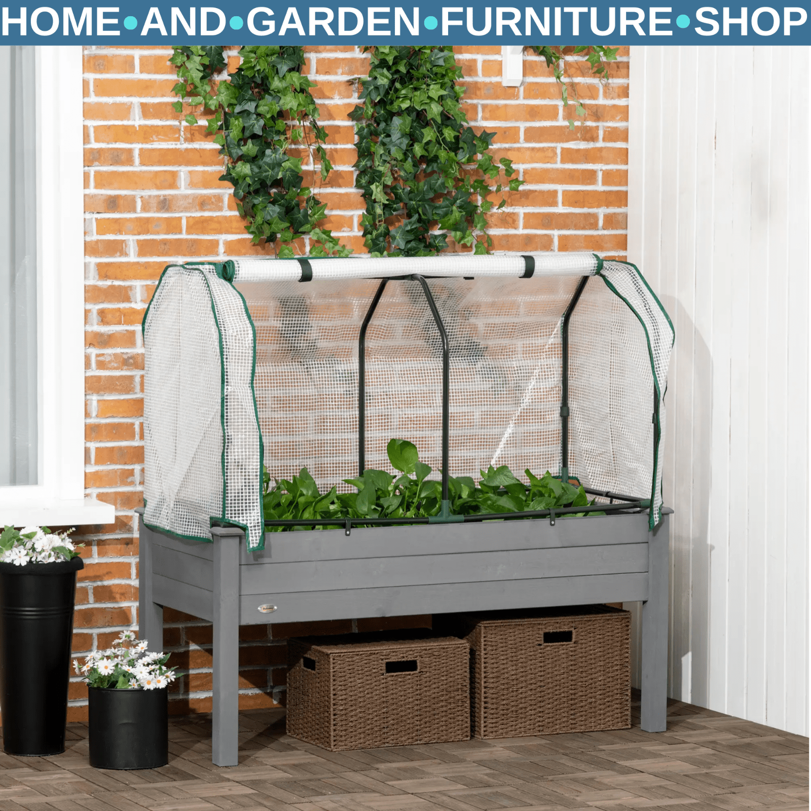 Raised Box Planter Bed PE Cover UV Resistant with Roll - Up Zipper Door Dark Grey - Home and Garden Furniture Shop - rustic - furniture