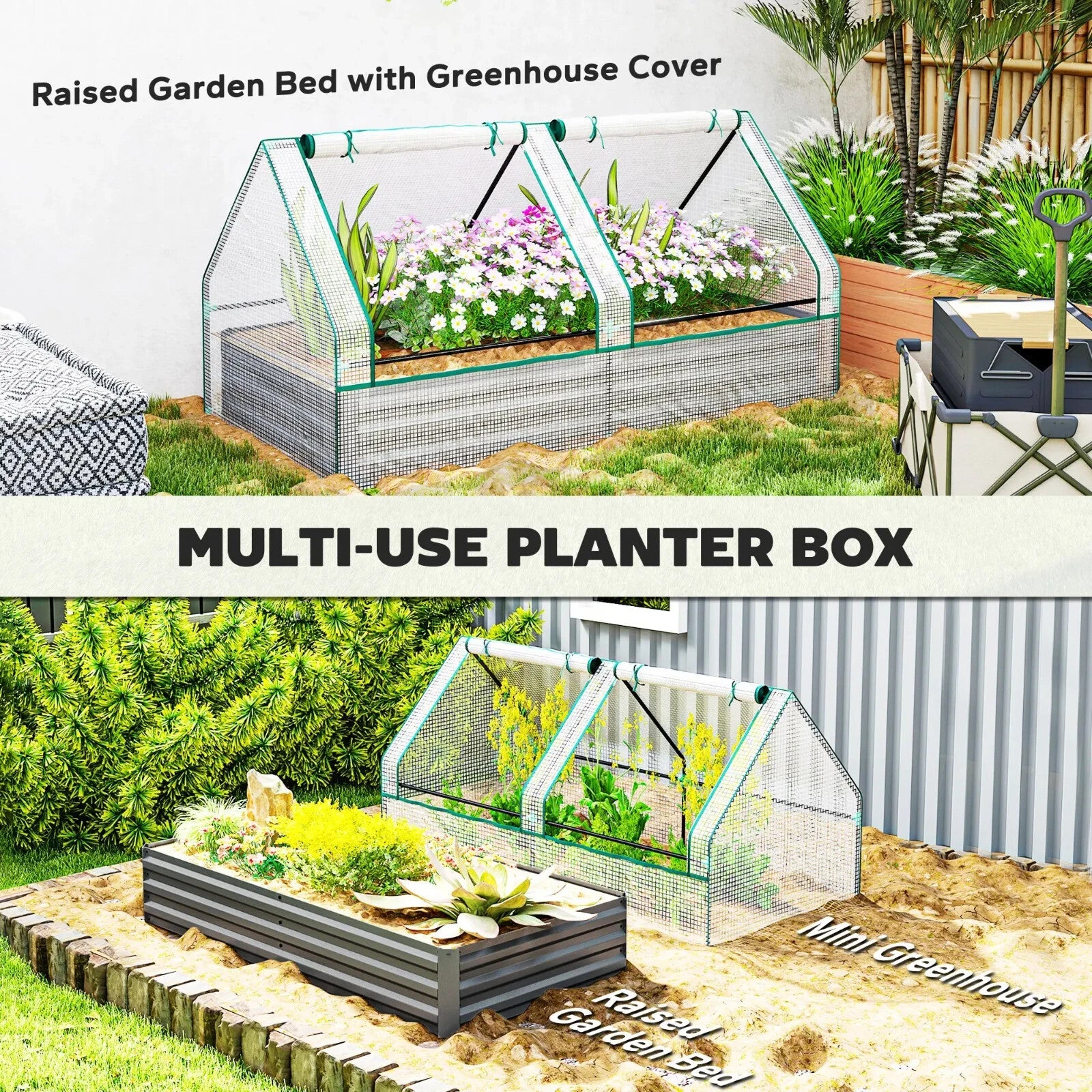 Raised Garden Bed with Cover and Greenhouse for Herbs and Vegetables 185x95x92cm - Home and Garden Furniture Shop - rustic - furniture