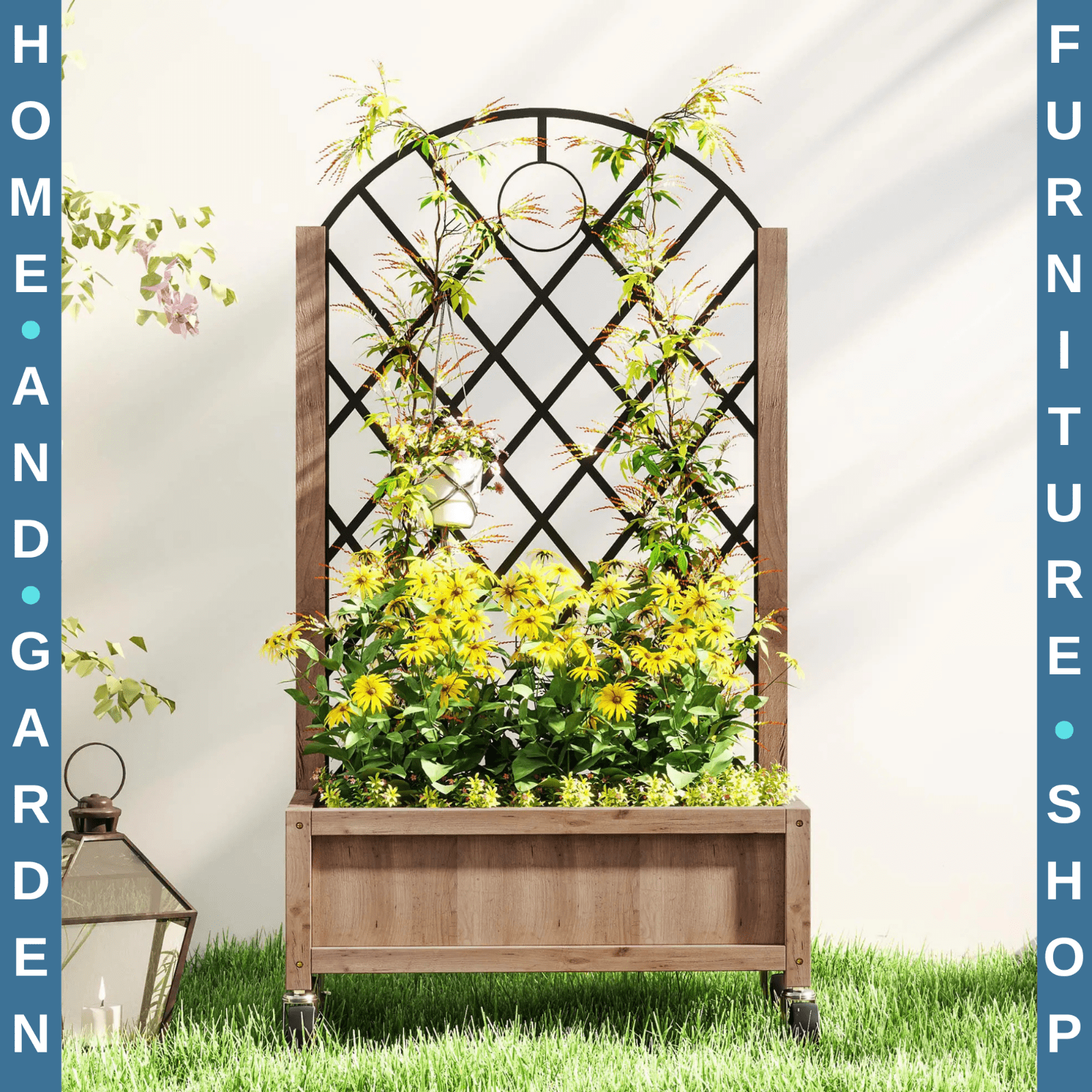 Raised Garden Bed with Metal Trellis Wooden Planter Box Wheel & Drainage Outdoor - Home and Garden Furniture Shop - #rustic - furniture#