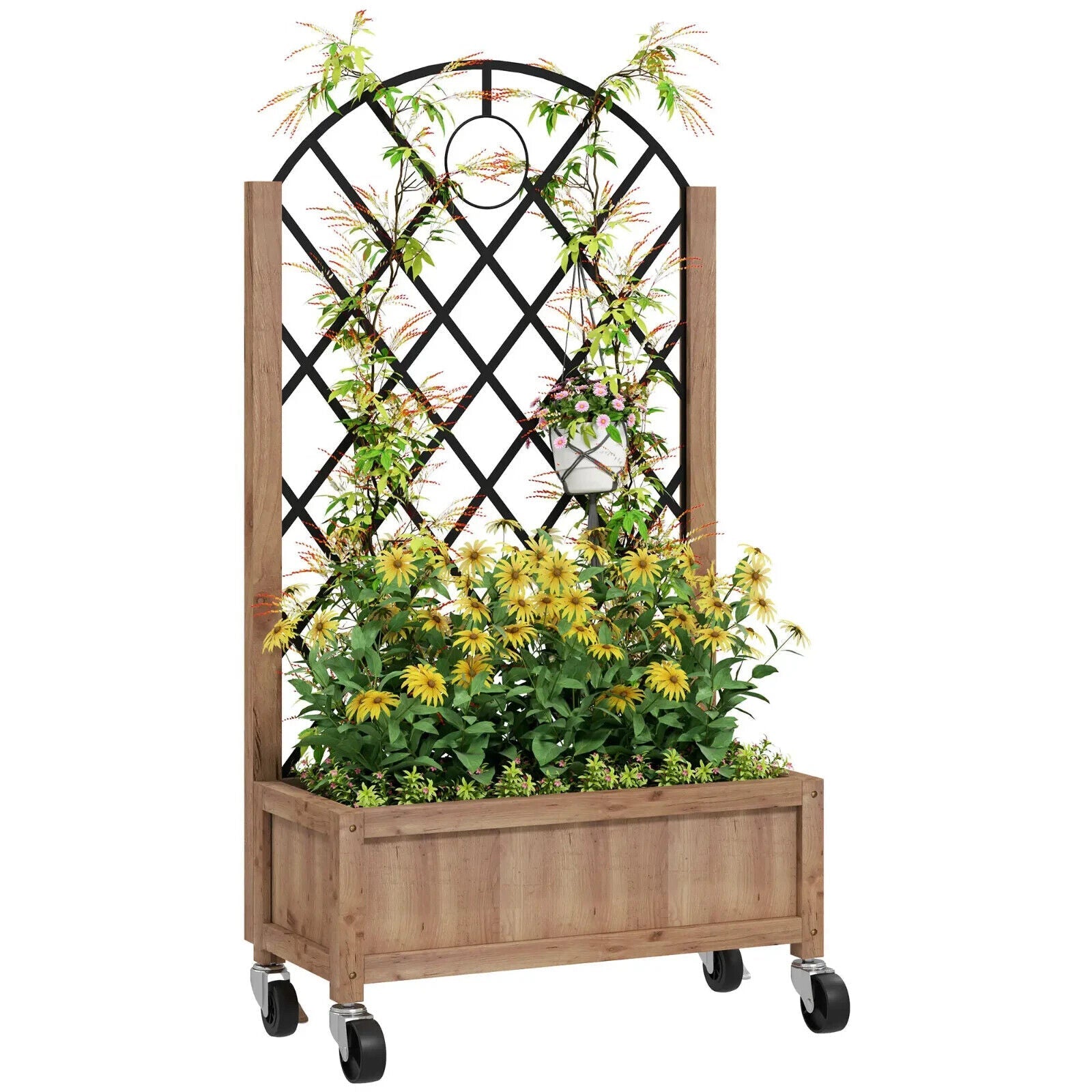 Raised Garden Bed with Metal Trellis Wooden Planter Box Wheel & Drainage Outdoor - Home and Garden Furniture Shop - #rustic - furniture#