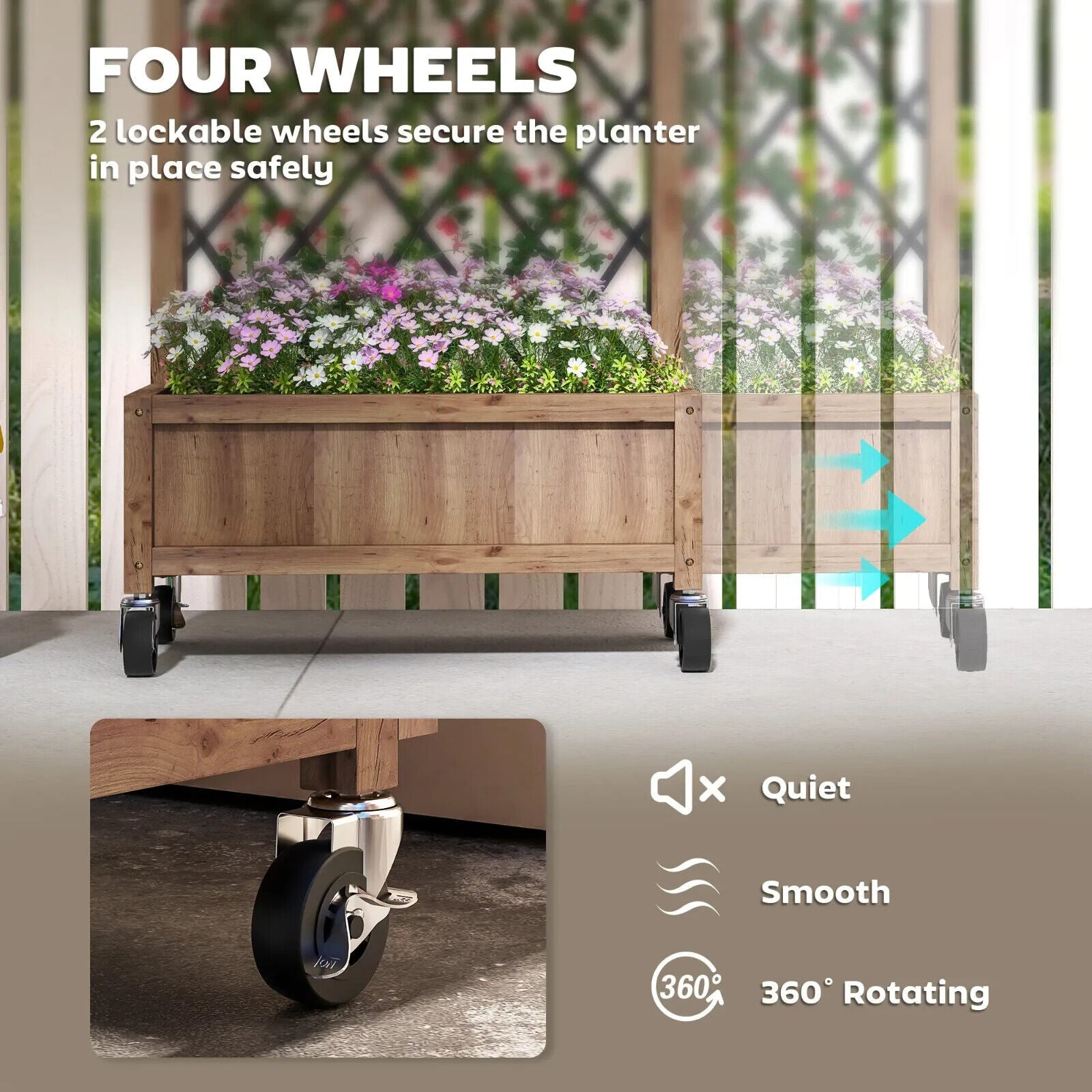 Raised Garden Bed with Metal Trellis Wooden Planter Box Wheel & Drainage Outdoor - Home and Garden Furniture Shop - #rustic - furniture#