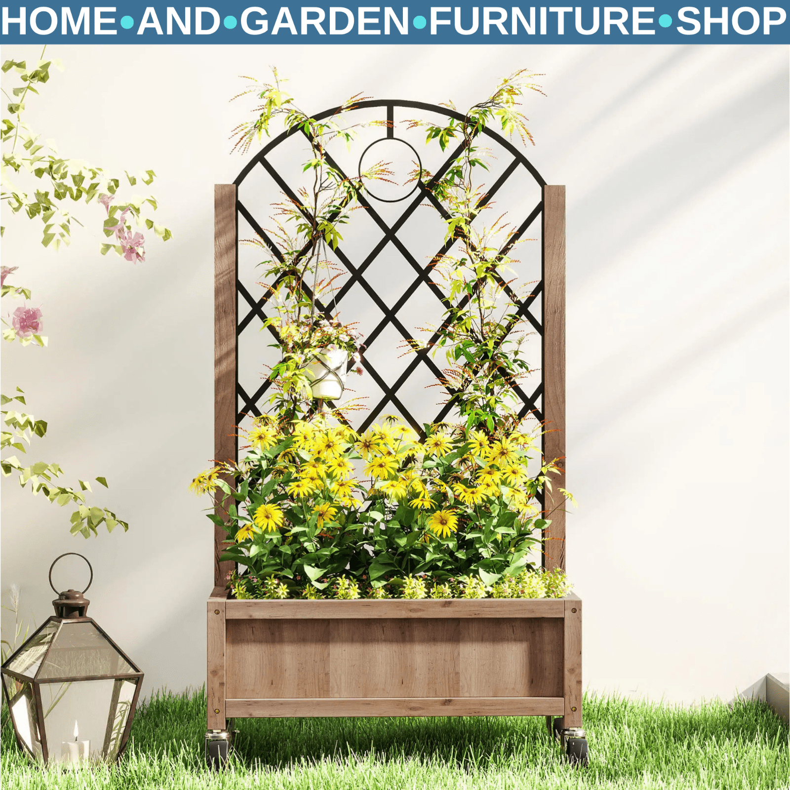 Raised Garden Bed with Metal Trellis Wooden Planter Box Wheel & Drainage Outdoor - Home and Garden Furniture Shop - #rustic - furniture#