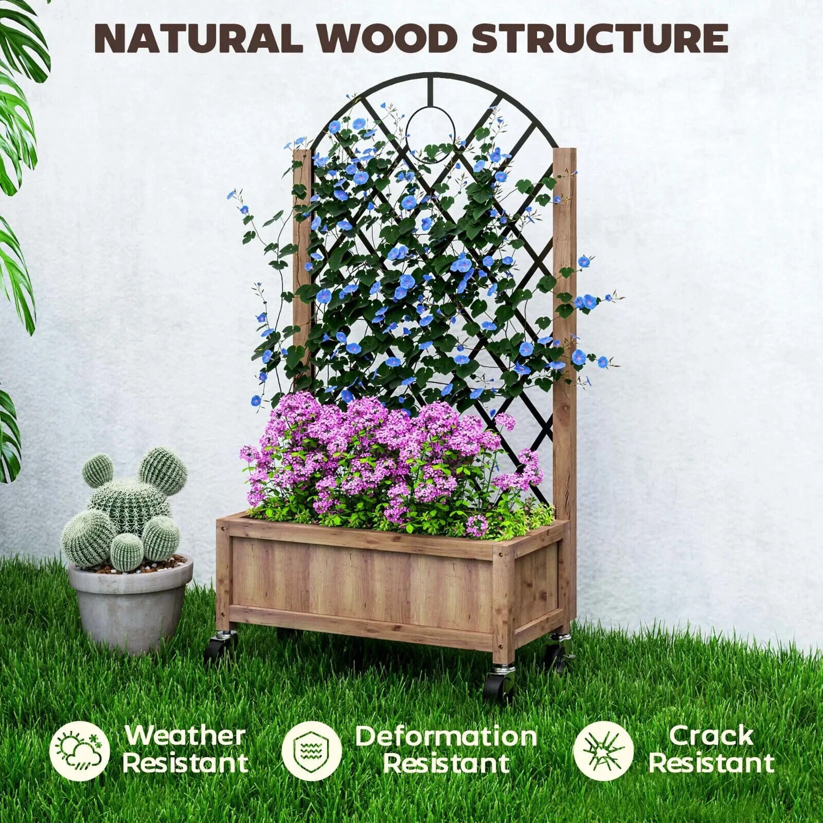 Raised Garden Bed with Metal Trellis Wooden Planter Box Wheel & Drainage Outdoor - Home and Garden Furniture Shop - #rustic - furniture#