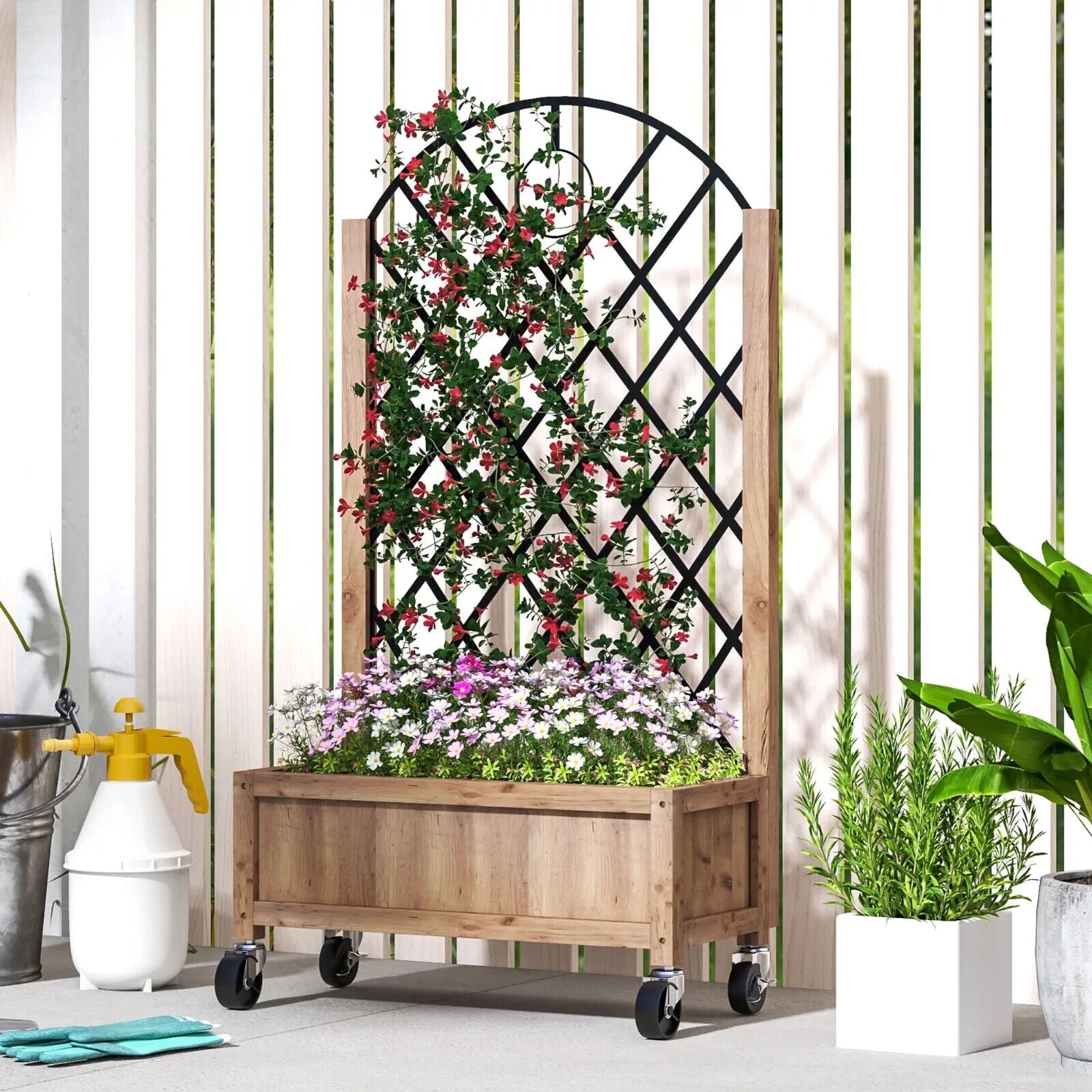 Raised Garden Bed with Metal Trellis Wooden Planter Box Wheel & Drainage Outdoor - Home and Garden Furniture Shop - #rustic - furniture#