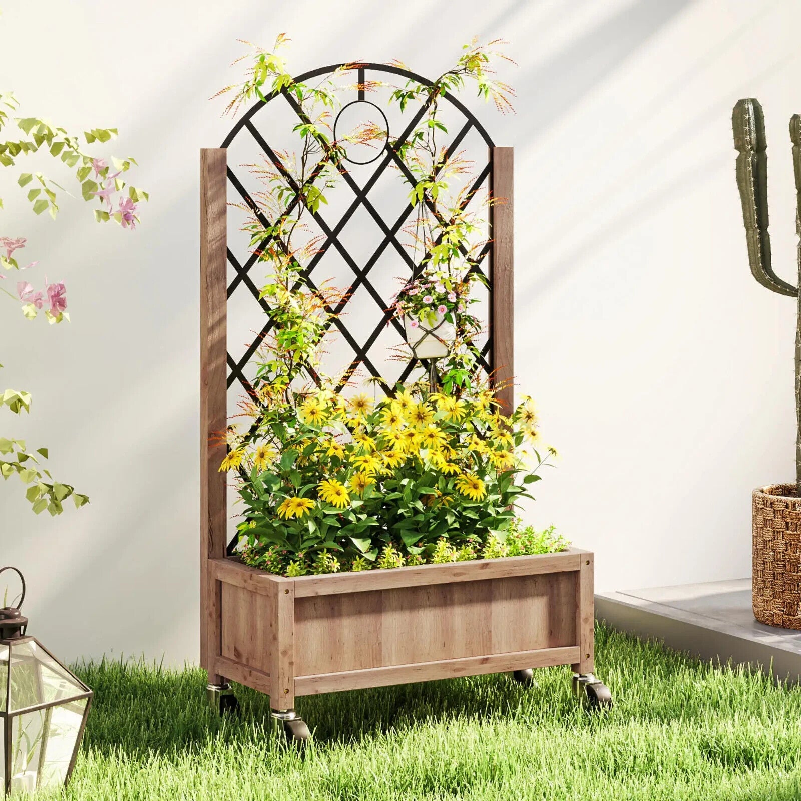 Raised Garden Bed with Metal Trellis Wooden Planter Box Wheel & Drainage Outdoor - Home and Garden Furniture Shop - #rustic - furniture#