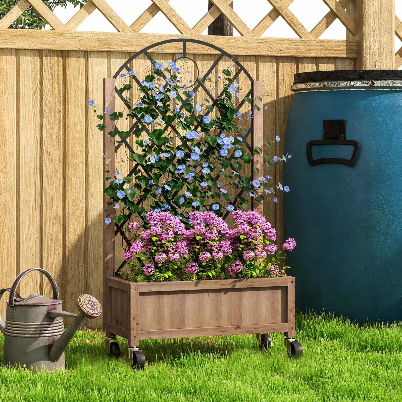 Raised Garden Bed with Metal Trellis Wooden Planter Box Wheel & Drainage Outdoor - Home and Garden Furniture Shop - #rustic - furniture#