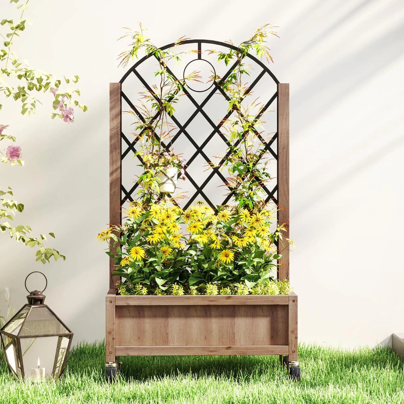 Raised Garden Bed with Metal Trellis Wooden Planter Box Wheel & Drainage Outdoor - Home and Garden Furniture Shop - #rustic - furniture#
