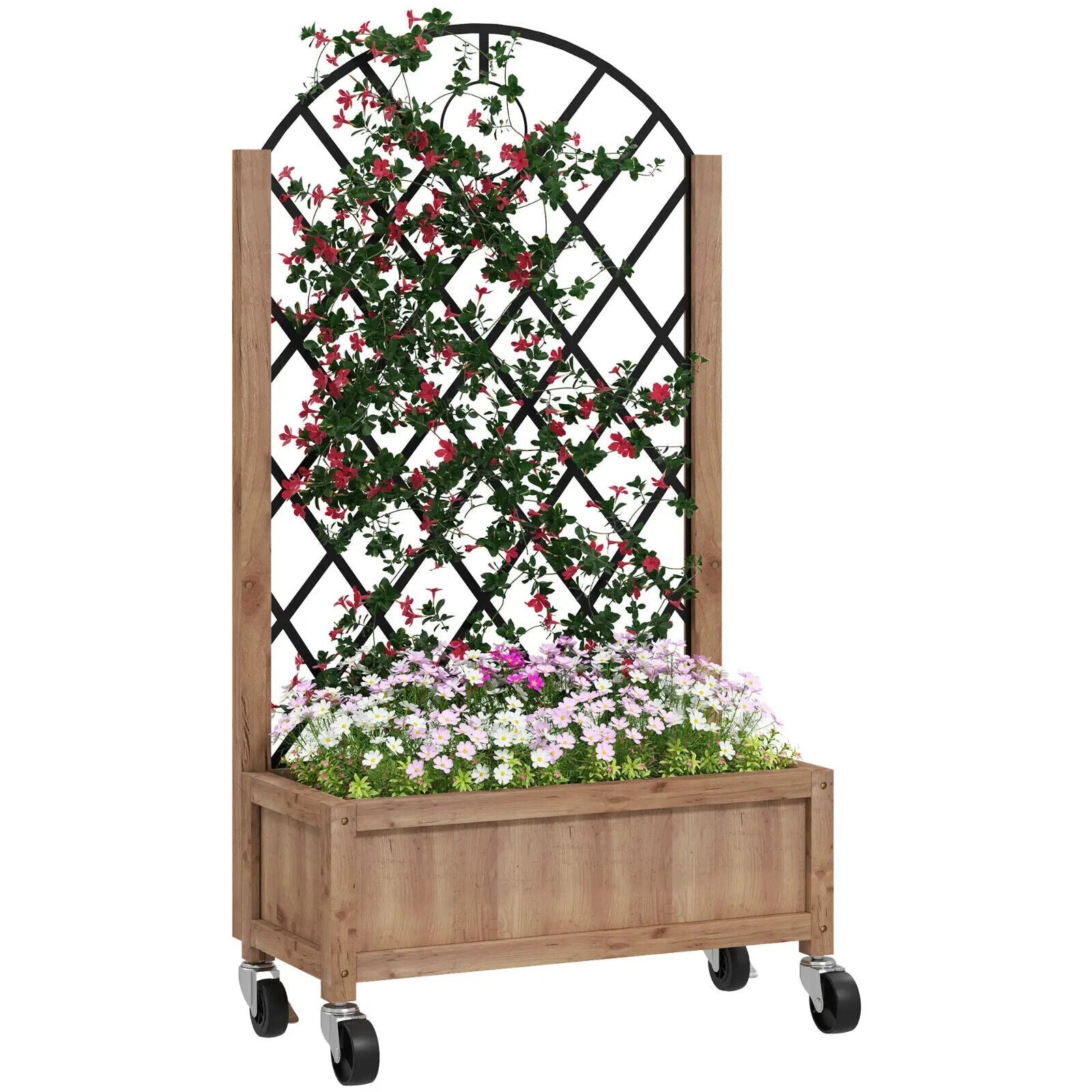 Raised Garden Bed with Metal Trellis Wooden Planter Box Wheel & Drainage Outdoor - Home and Garden Furniture Shop - #rustic - furniture#
