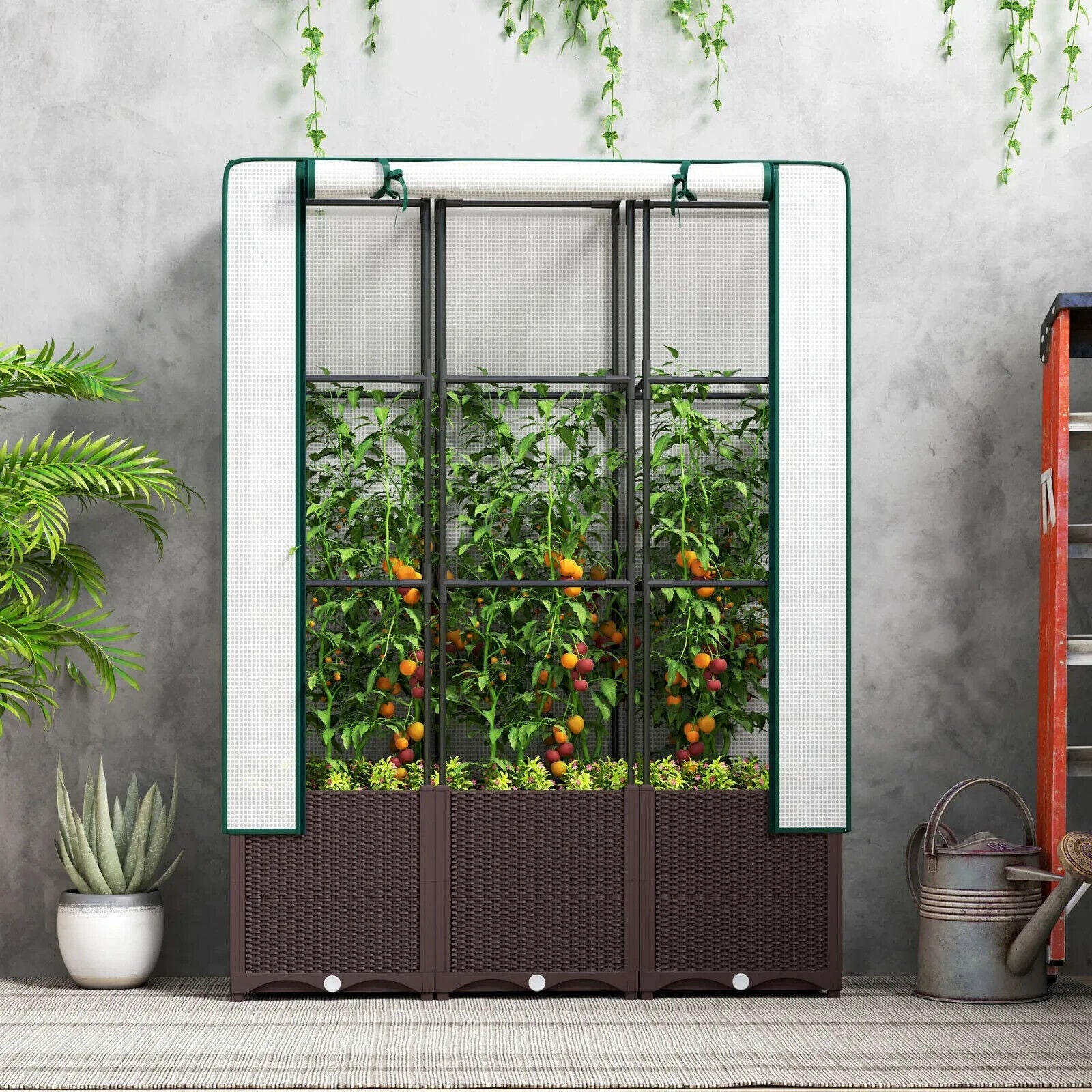 Raised Garden Bed with Trellis Plastic Planter Box Drainage Holes Plugs Climbing - Home and Garden Furniture Shop - #rustic - furniture#