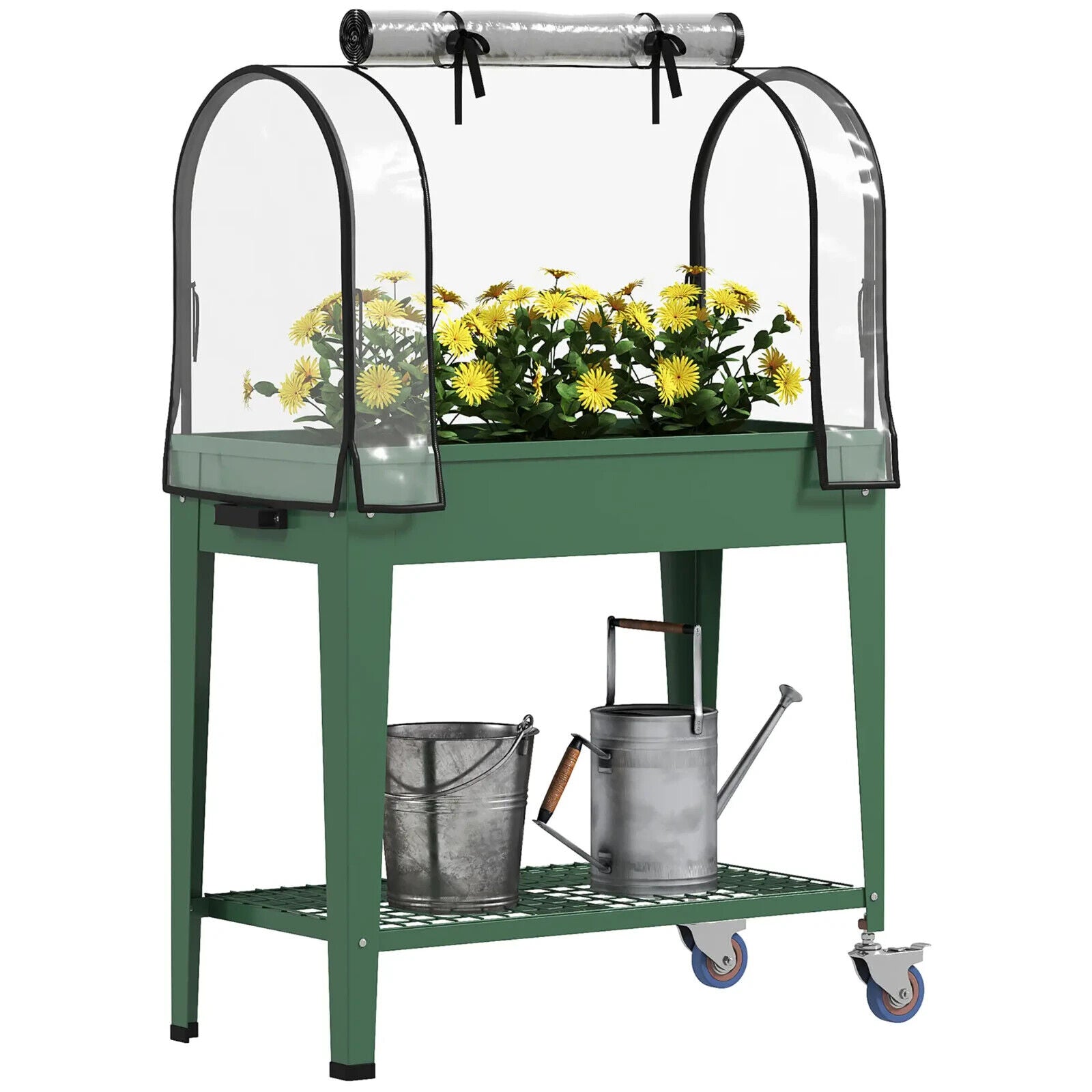 Raised Planter Greenhouse Cover Mobile Elevated Garden Bed Wheels Bottom Shelf - Home and Garden Furniture Shop - #rustic - furniture#