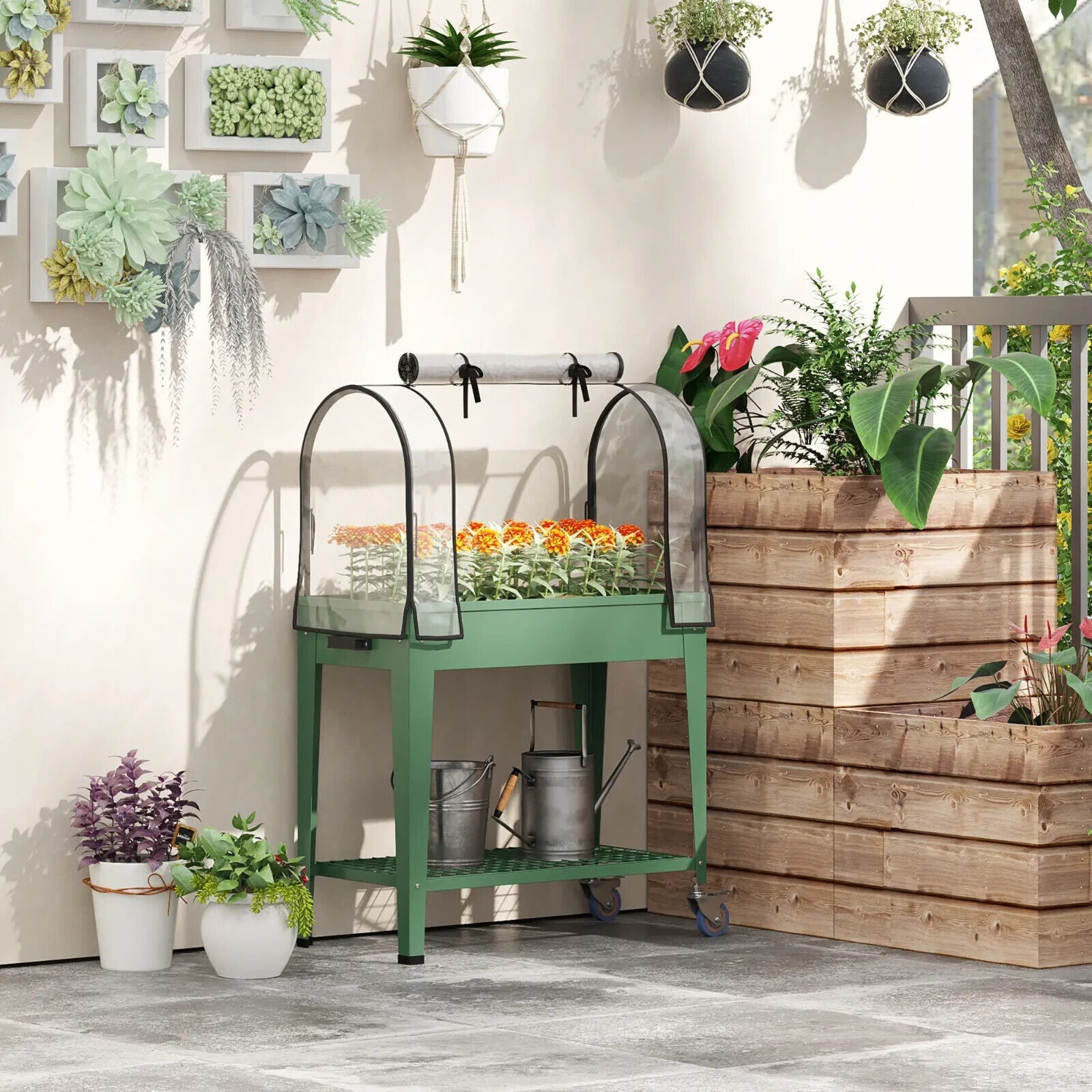 Raised Planter Greenhouse Cover Mobile Elevated Garden Bed Wheels Bottom Shelf - Home and Garden Furniture Shop - #rustic - furniture#