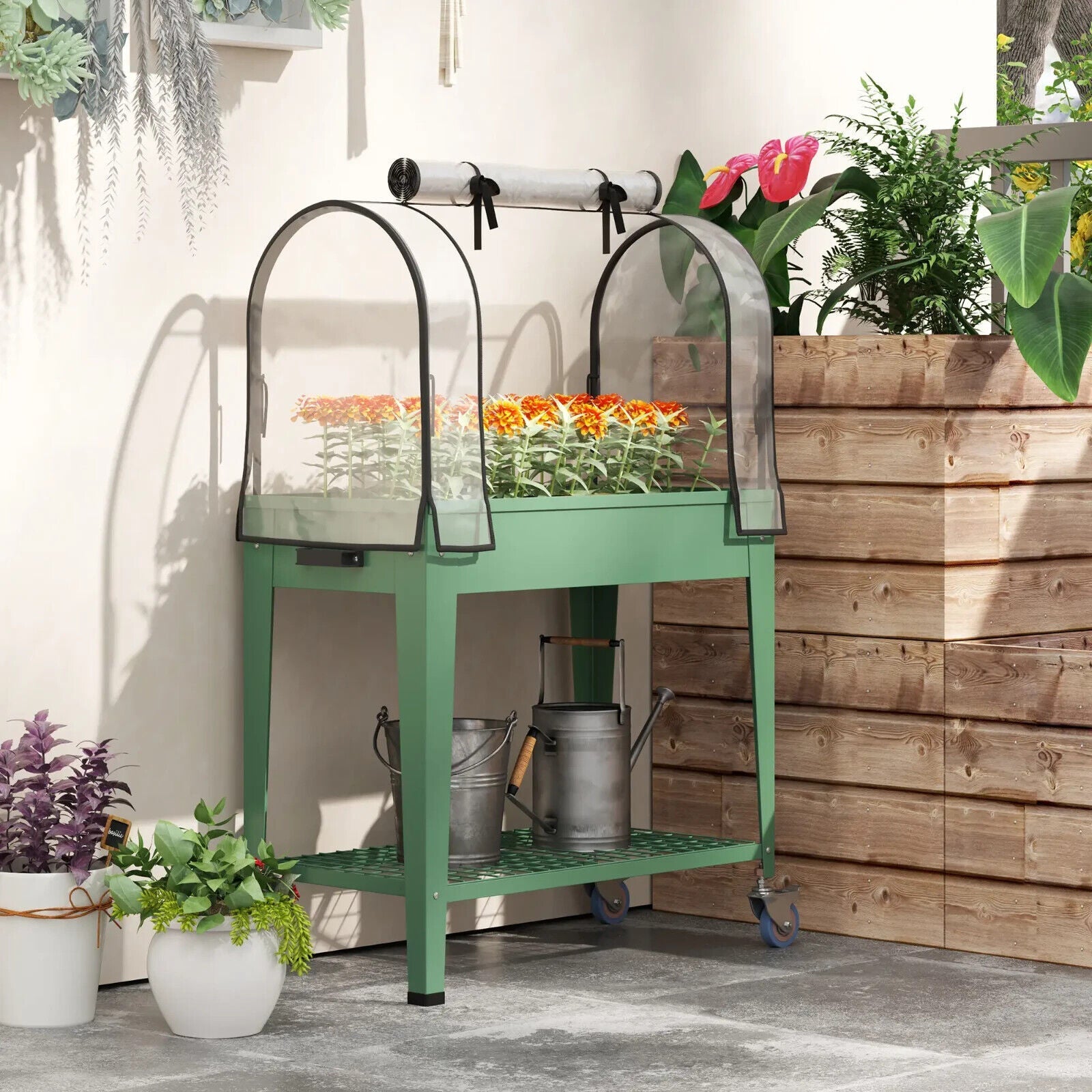 Raised Planter Greenhouse Cover Mobile Elevated Garden Bed Wheels Bottom Shelf - Home and Garden Furniture Shop - #rustic - furniture#