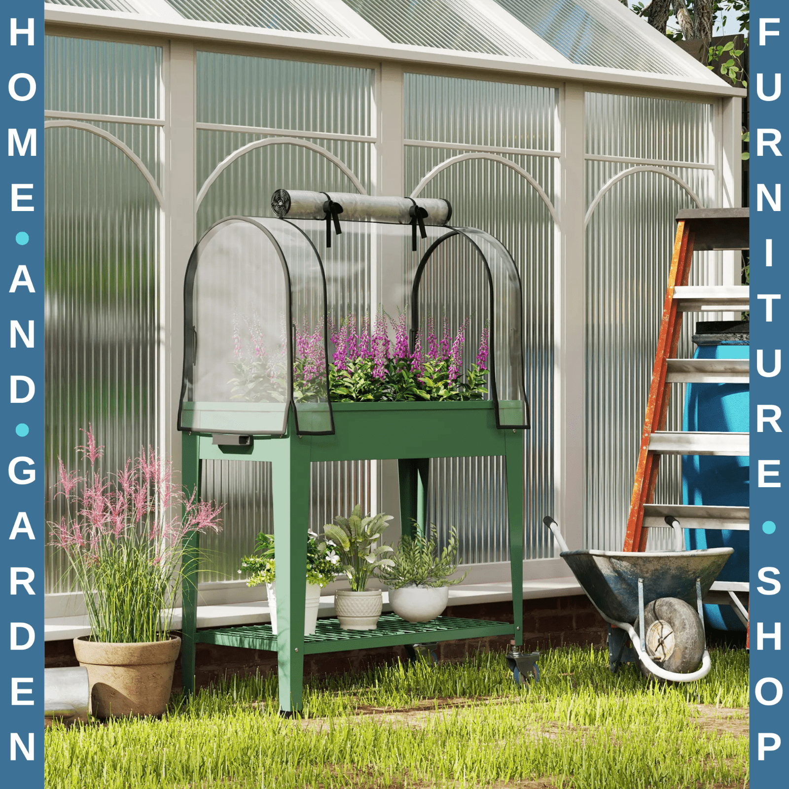 Raised Planter Greenhouse Cover Mobile Elevated Garden Bed Wheels Bottom Shelf - Home and Garden Furniture Shop - #rustic - furniture#