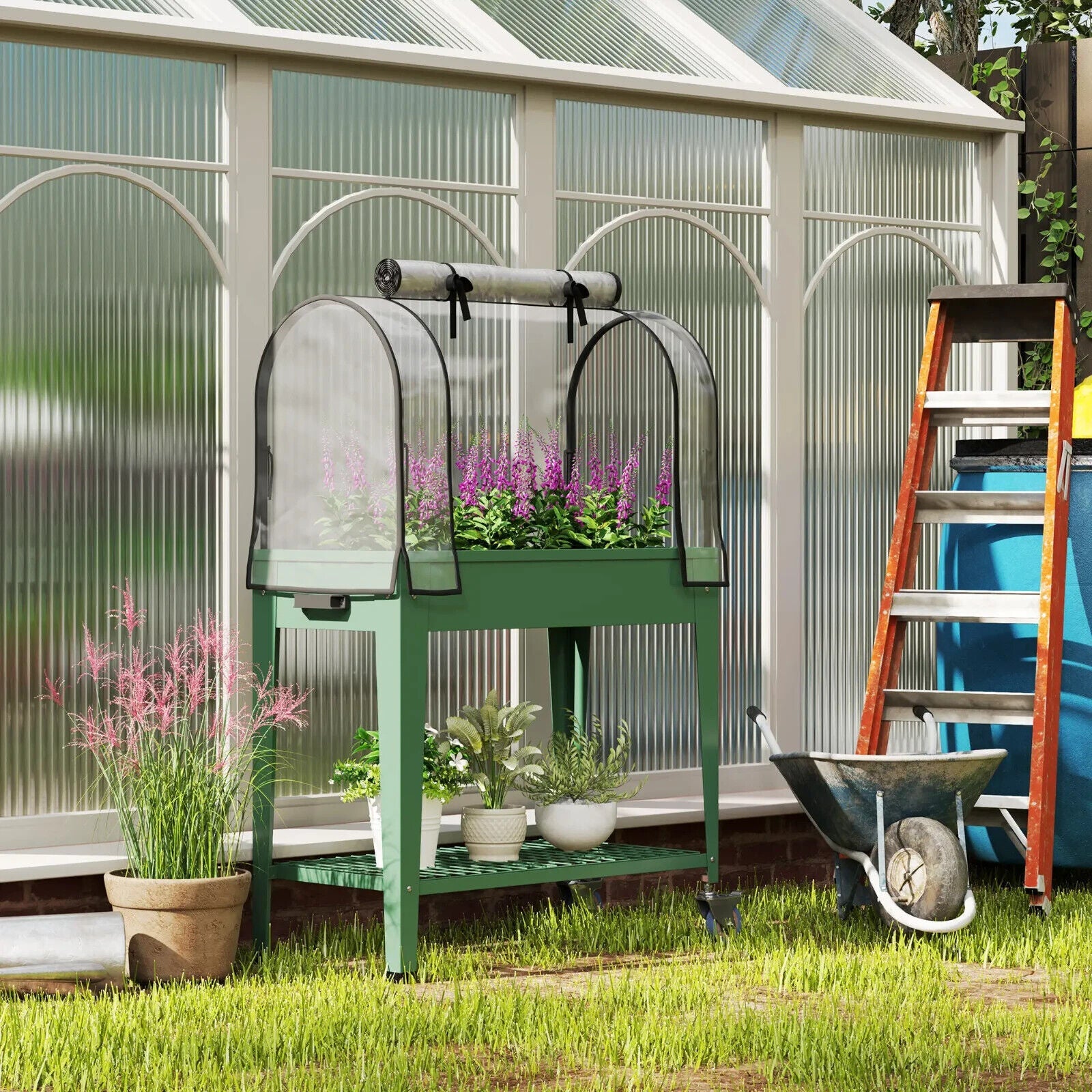 Raised Planter Greenhouse Cover Mobile Elevated Garden Bed Wheels Bottom Shelf - Home and Garden Furniture Shop - #rustic - furniture#