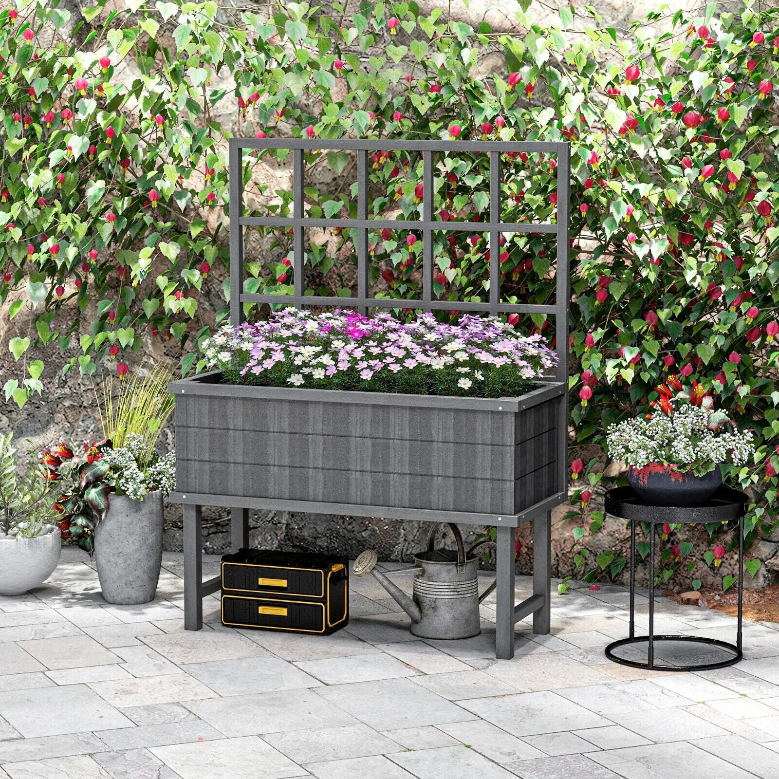 Raised Wooden Garden Planter w/Trellis for Vines Climbing Plants & Drainage Hole - Home and Garden Furniture Shop - #rustic - furniture#