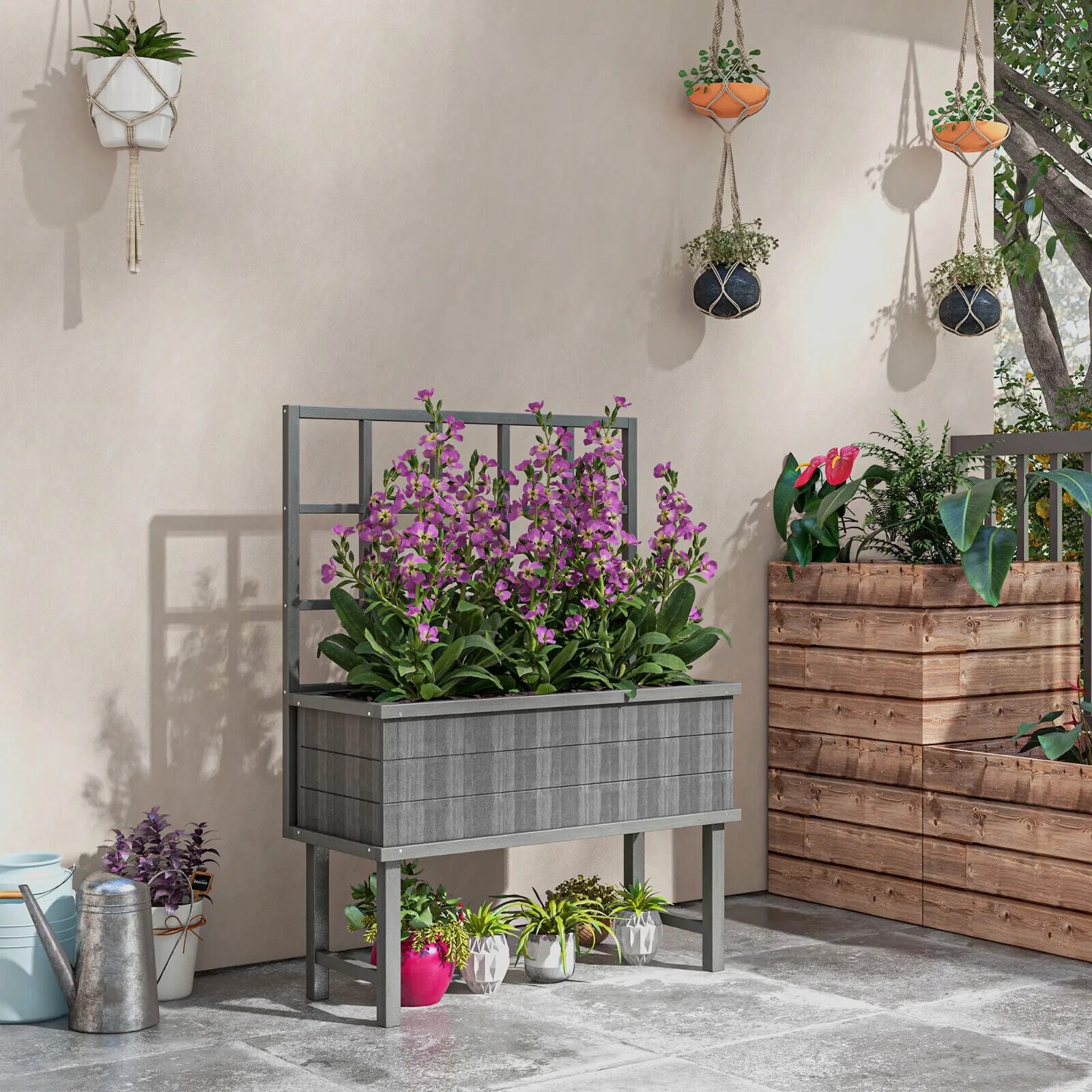 Raised Wooden Garden Planter w/Trellis for Vines Climbing Plants & Drainage Hole - Home and Garden Furniture Shop - #rustic - furniture#