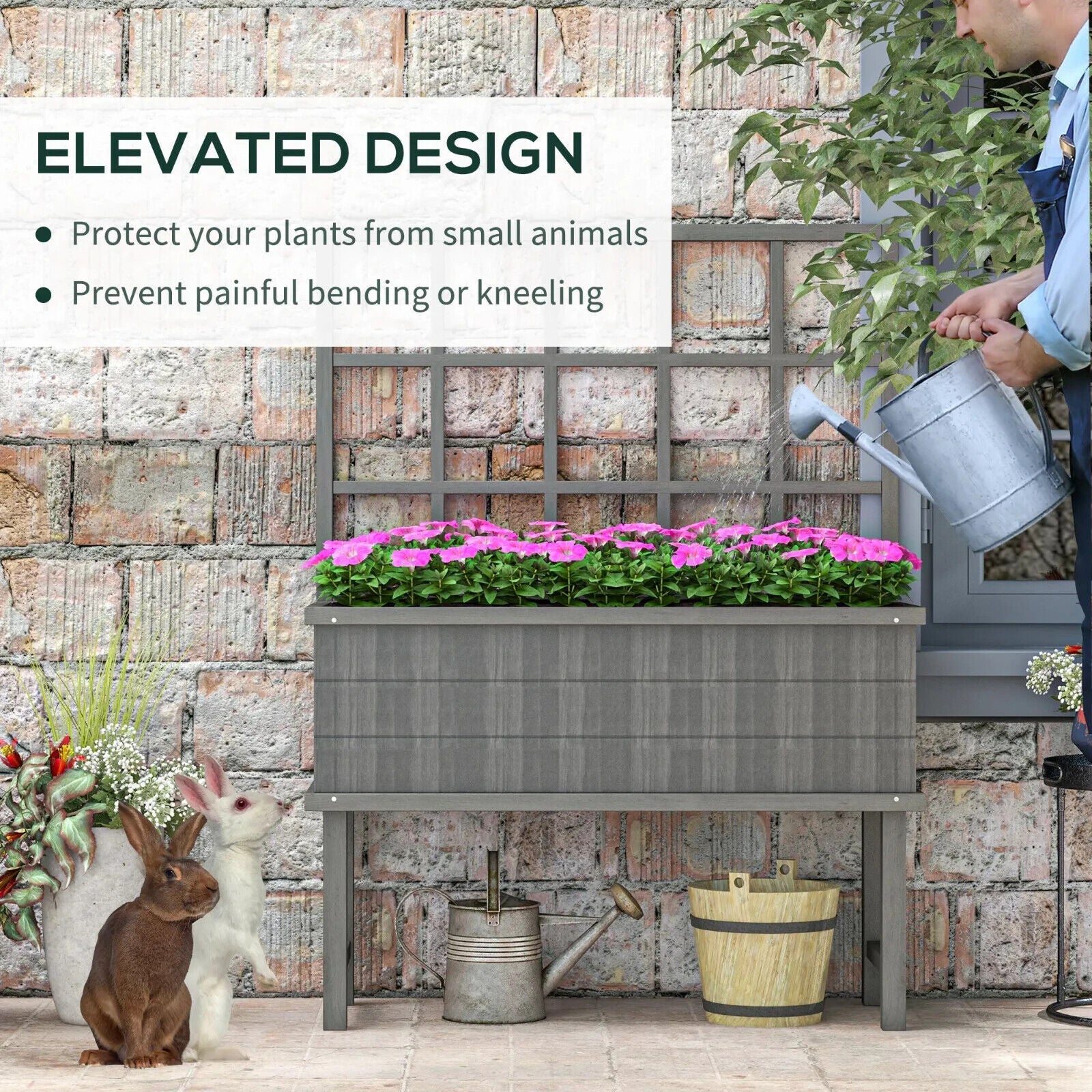 Raised Wooden Garden Planter w/Trellis for Vines Climbing Plants & Drainage Hole - Home and Garden Furniture Shop - #rustic - furniture#