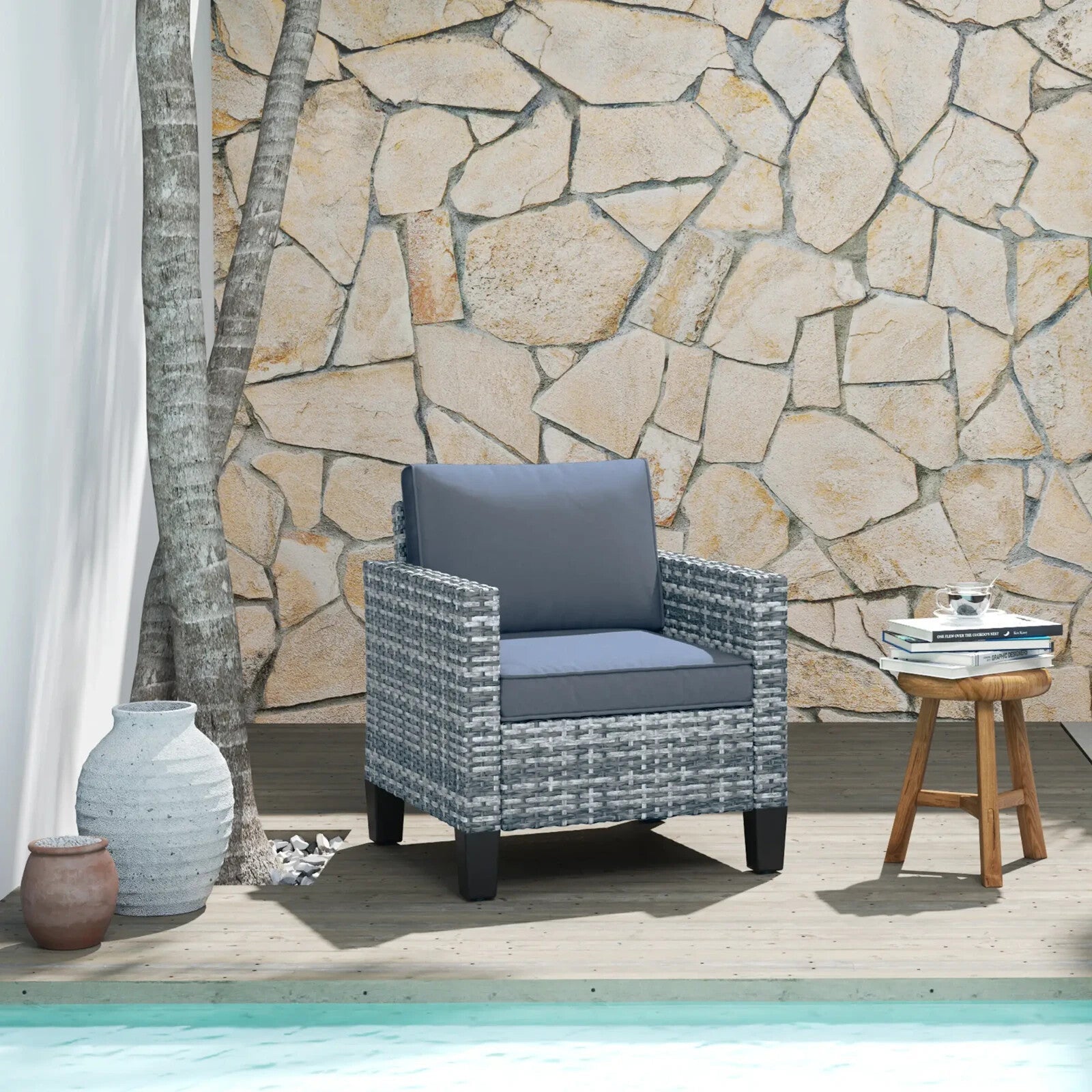 Rattan Garden Armchair Outdoor Single Seater Chair with Cushions & Armrests Grey - Home and Garden Furniture Shop - rustic - furniture