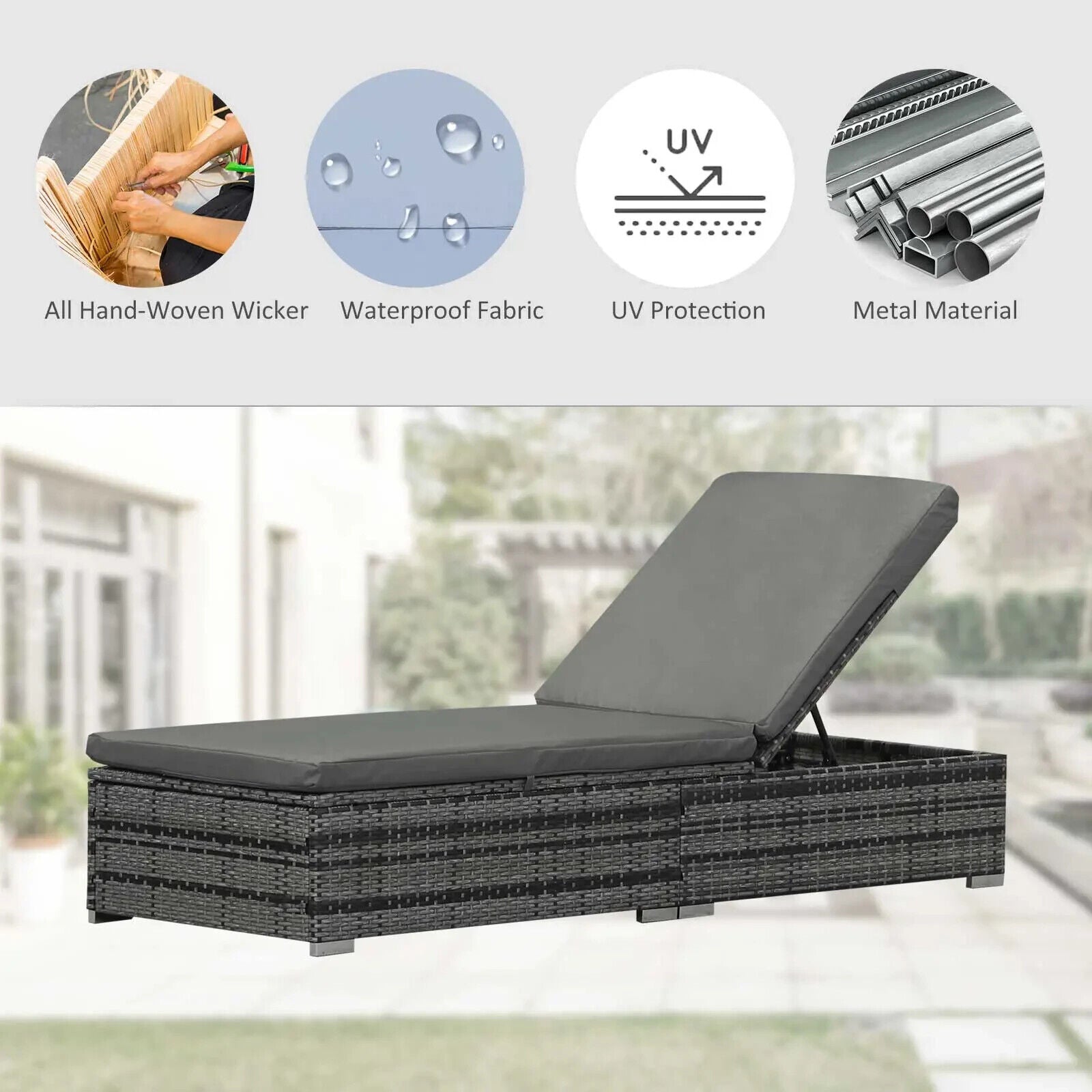 Rattan Outdoor Garden Reclining Sun Lounger Adjustable Patio Chair with Cushion - Home and Garden Furniture Shop - #rustic - furniture#