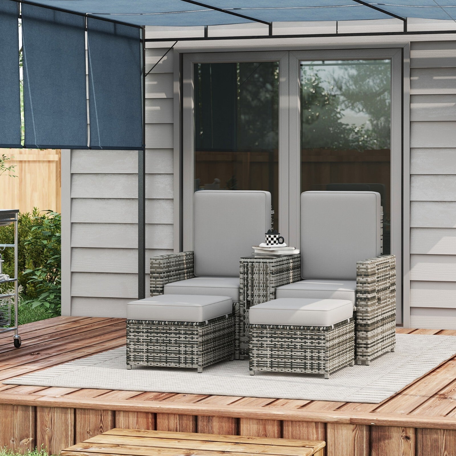 Rattan Sun Lounger w/ Storage Tea Table and Footstool Garden Outdoor Seating Set - Home and Garden Furniture Shop - rustic - furniture