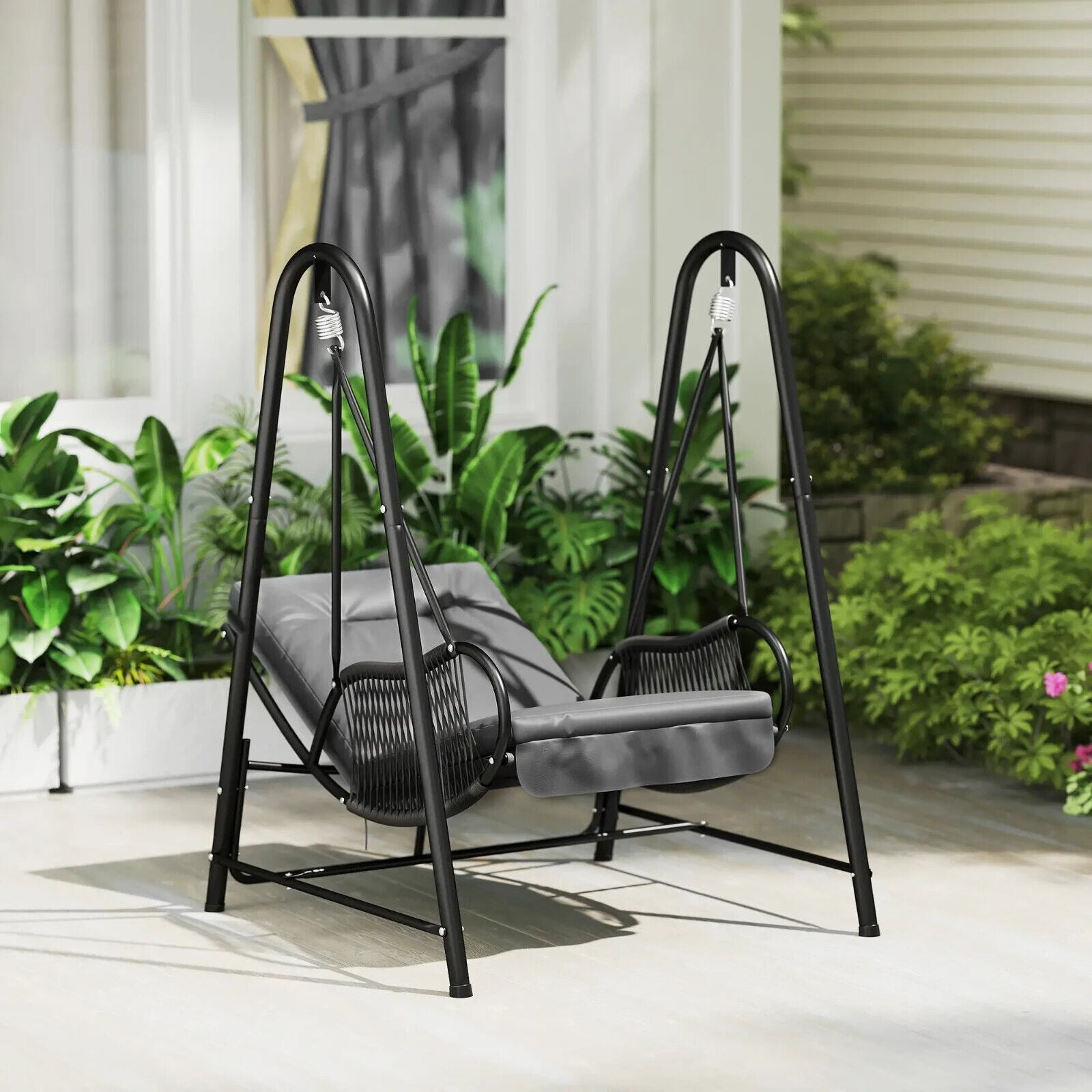 Rattan Swing Chair Outdoor Hanging Garden Seat with Stand & Cushion Patio Chair - Home and Garden Furniture Shop - #rustic - furniture#