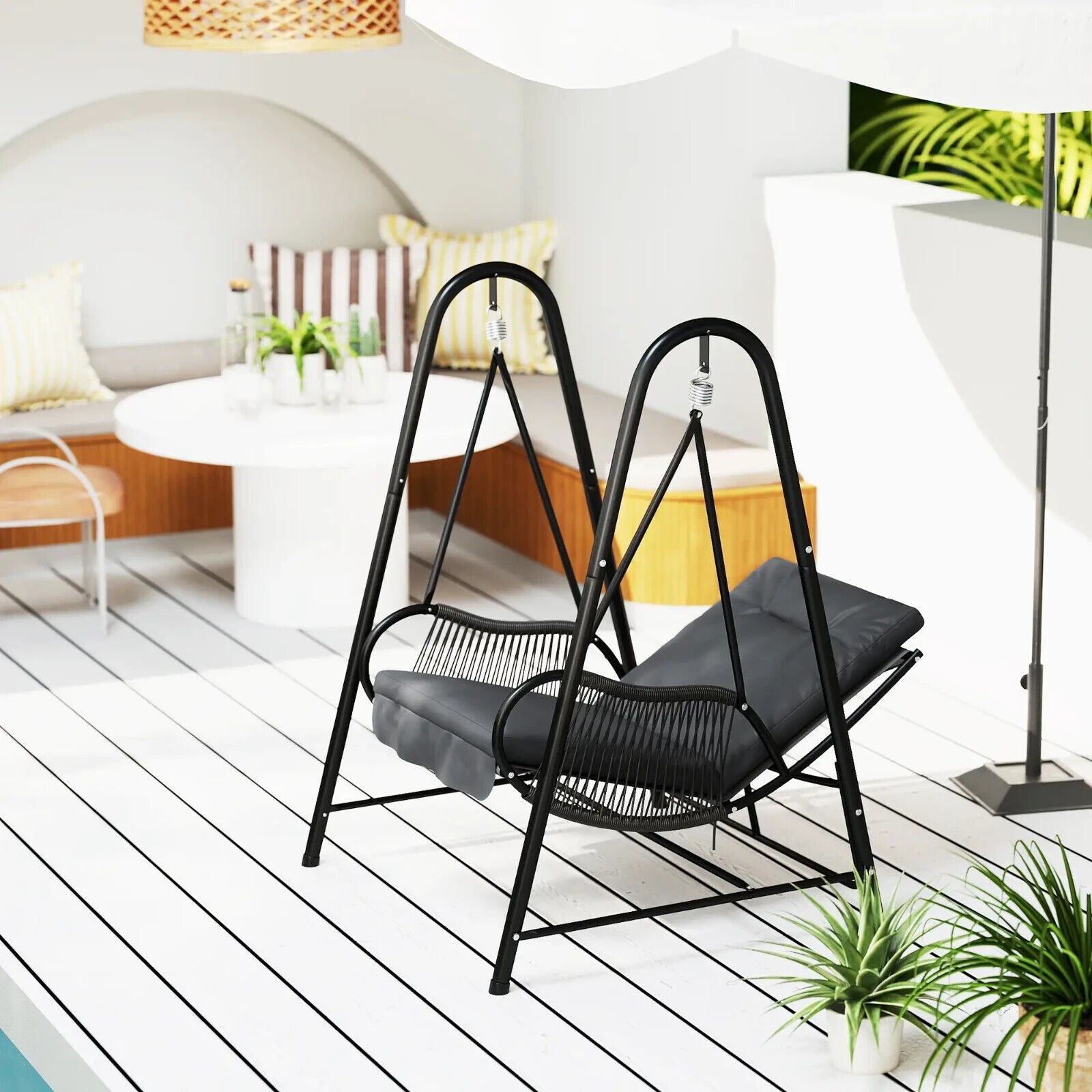 Rattan Swing Chair Outdoor Hanging Garden Seat with Stand & Cushion Patio Chair - Home and Garden Furniture Shop - #rustic - furniture#