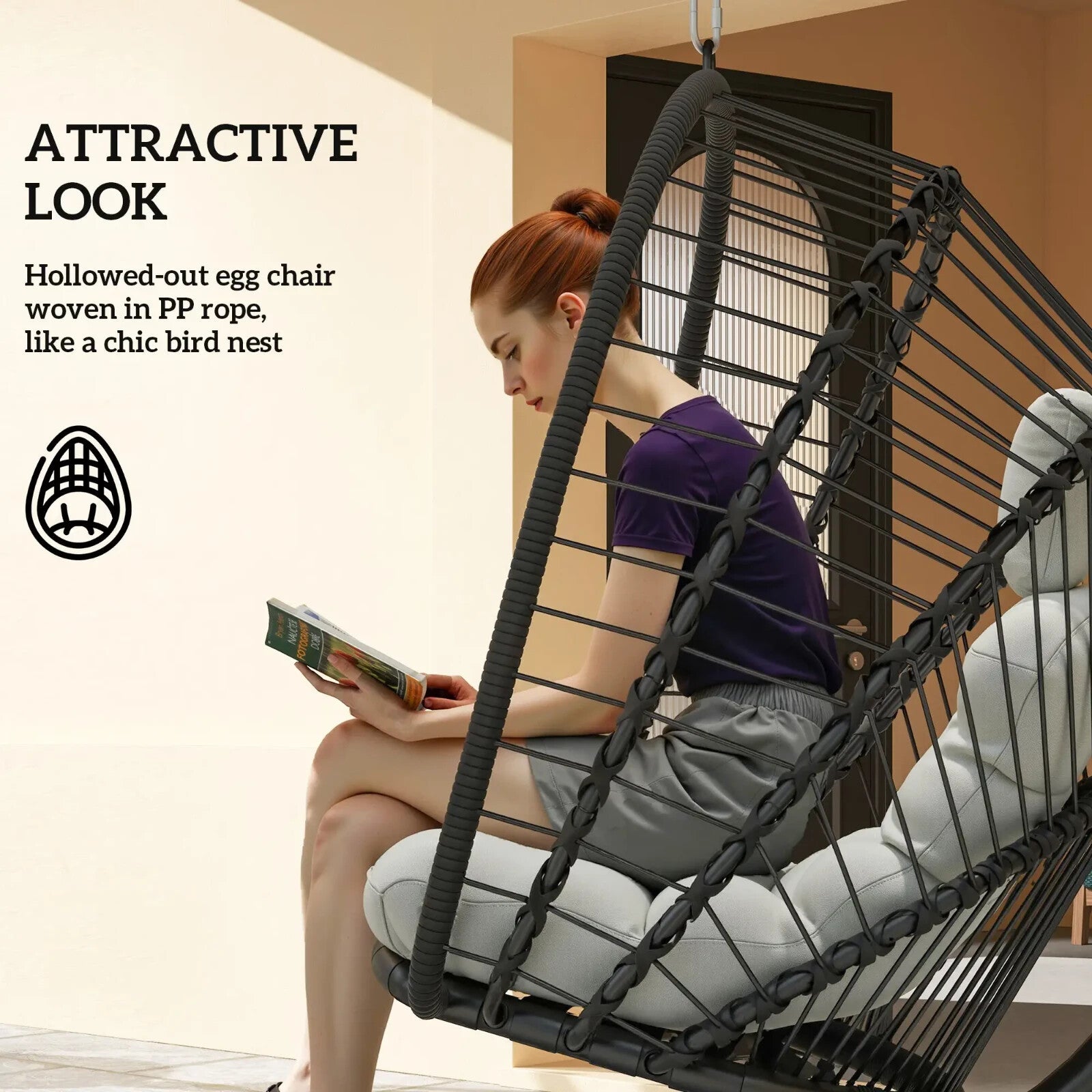 Rattan Swing Chair with Cushion Foldable Basket Hanging Egg Chair W/ Metal Stand - Home and Garden Furniture Shop - rustic - furniture