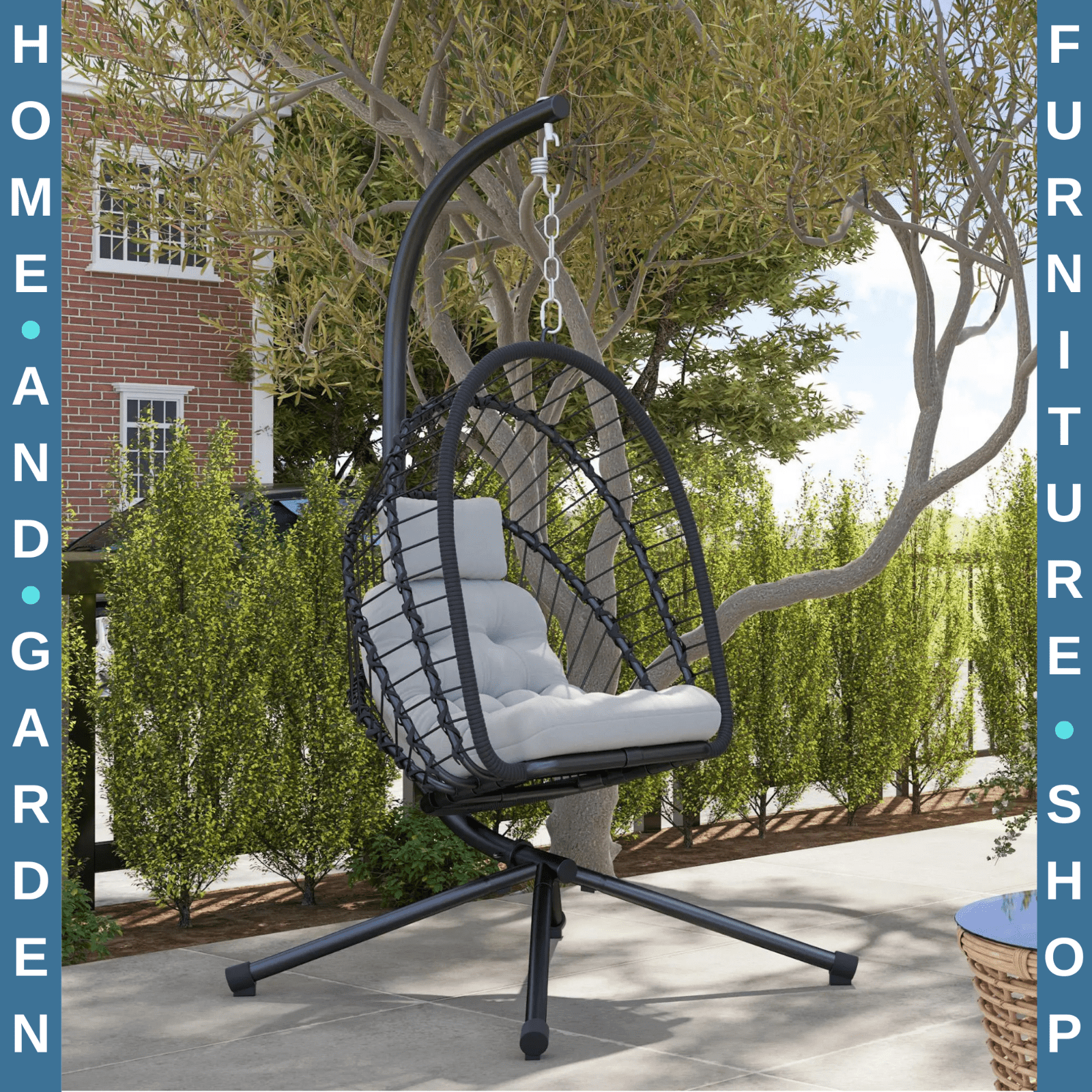 Rattan Swing Chair with Cushion Foldable Basket Hanging Egg Chair W/ Metal Stand - Home and Garden Furniture Shop - rustic - furniture