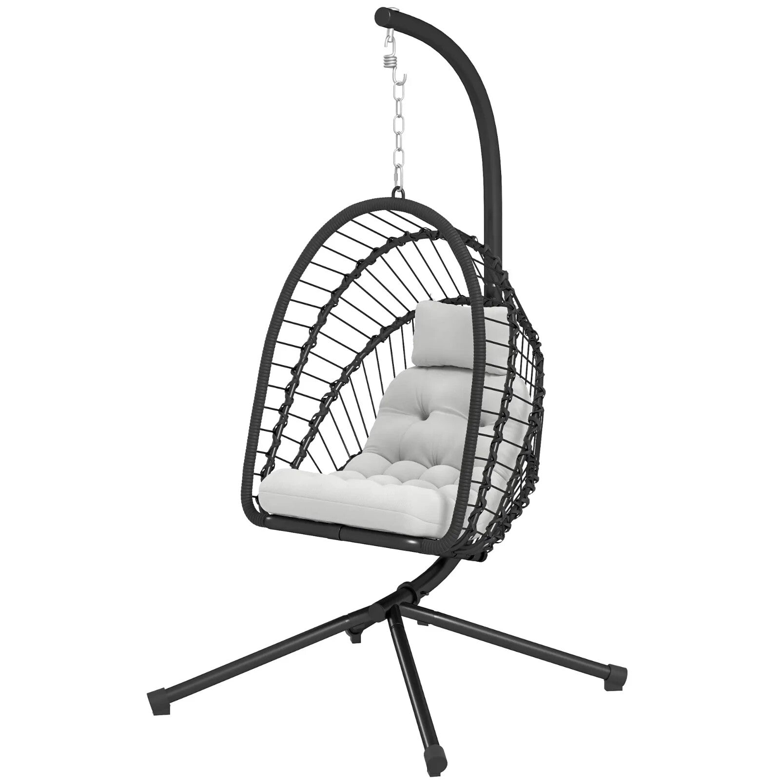 Rattan Swing Chair with Cushion Foldable Basket Hanging Egg Chair W/ Metal Stand - Home and Garden Furniture Shop - rustic - furniture
