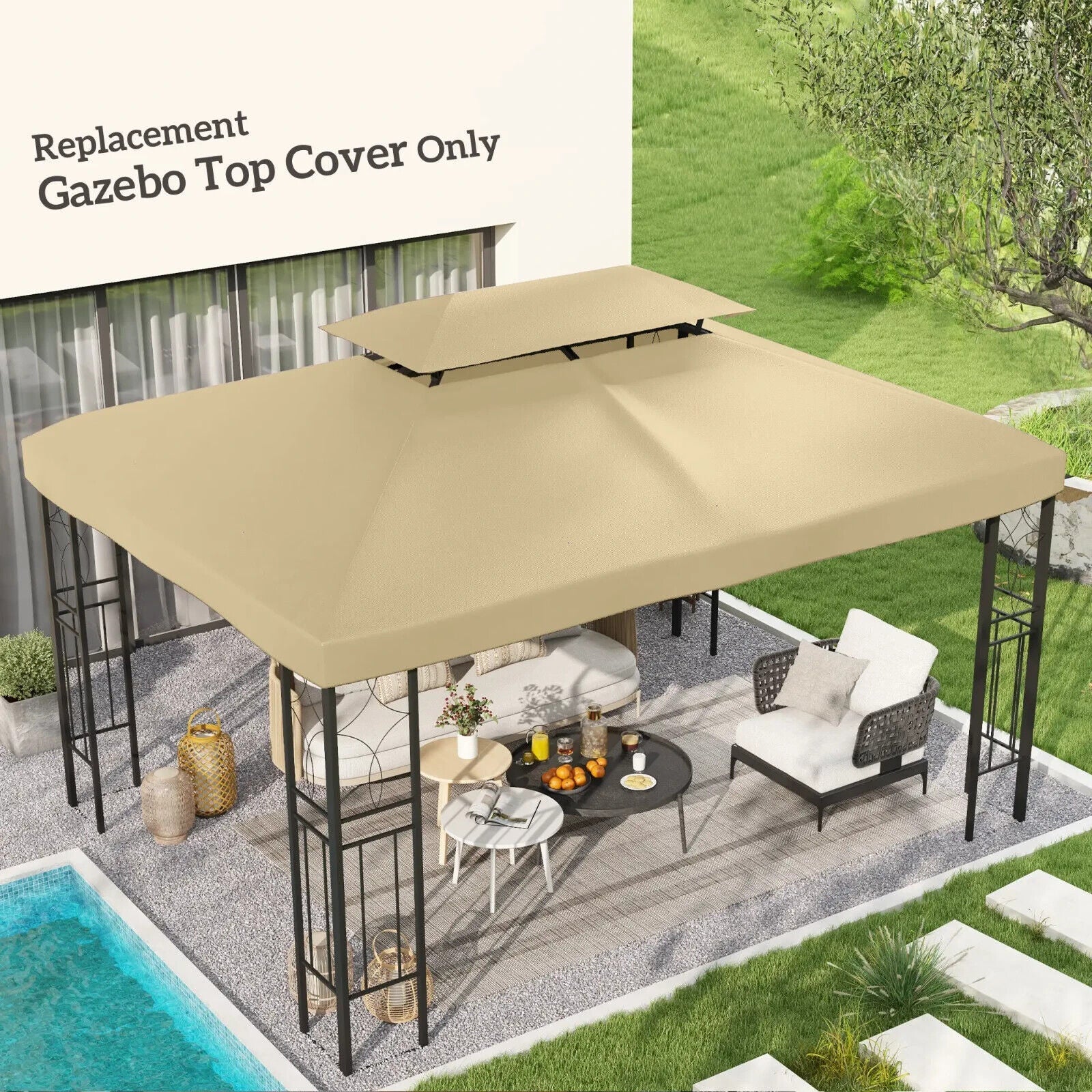 Replacement Gazebo Roof 3 x 4m Frames 2 Tier Top Rectangular Polyester Top Cream - Home and Garden Furniture Shop - #rustic - furniture#