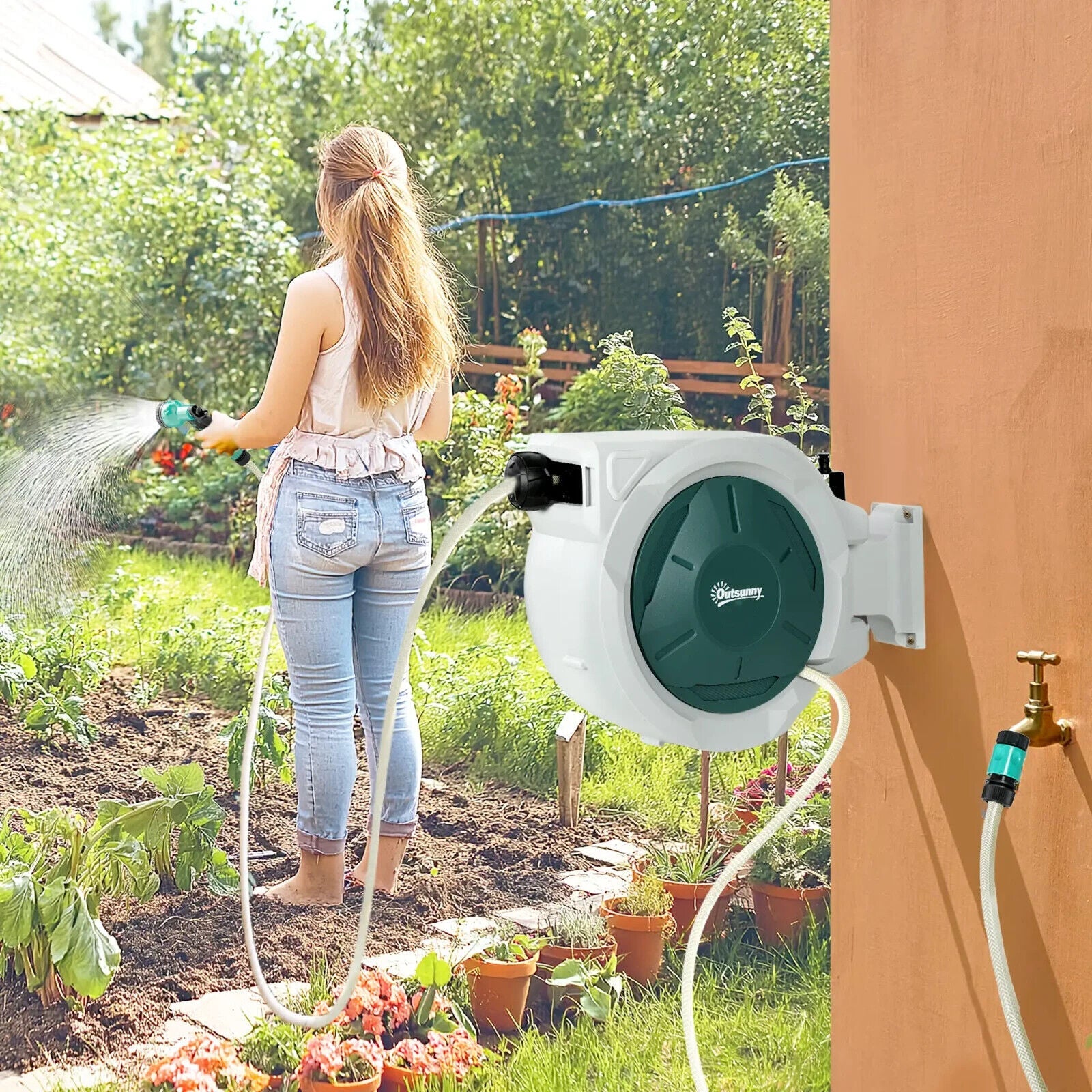 Retractable Hose Reel Wall Mounted 20 Plus 2 m Garden Hose Pipe w/ Lock&Nozzle - Home and Garden Furniture Shop - #rustic - furniture#