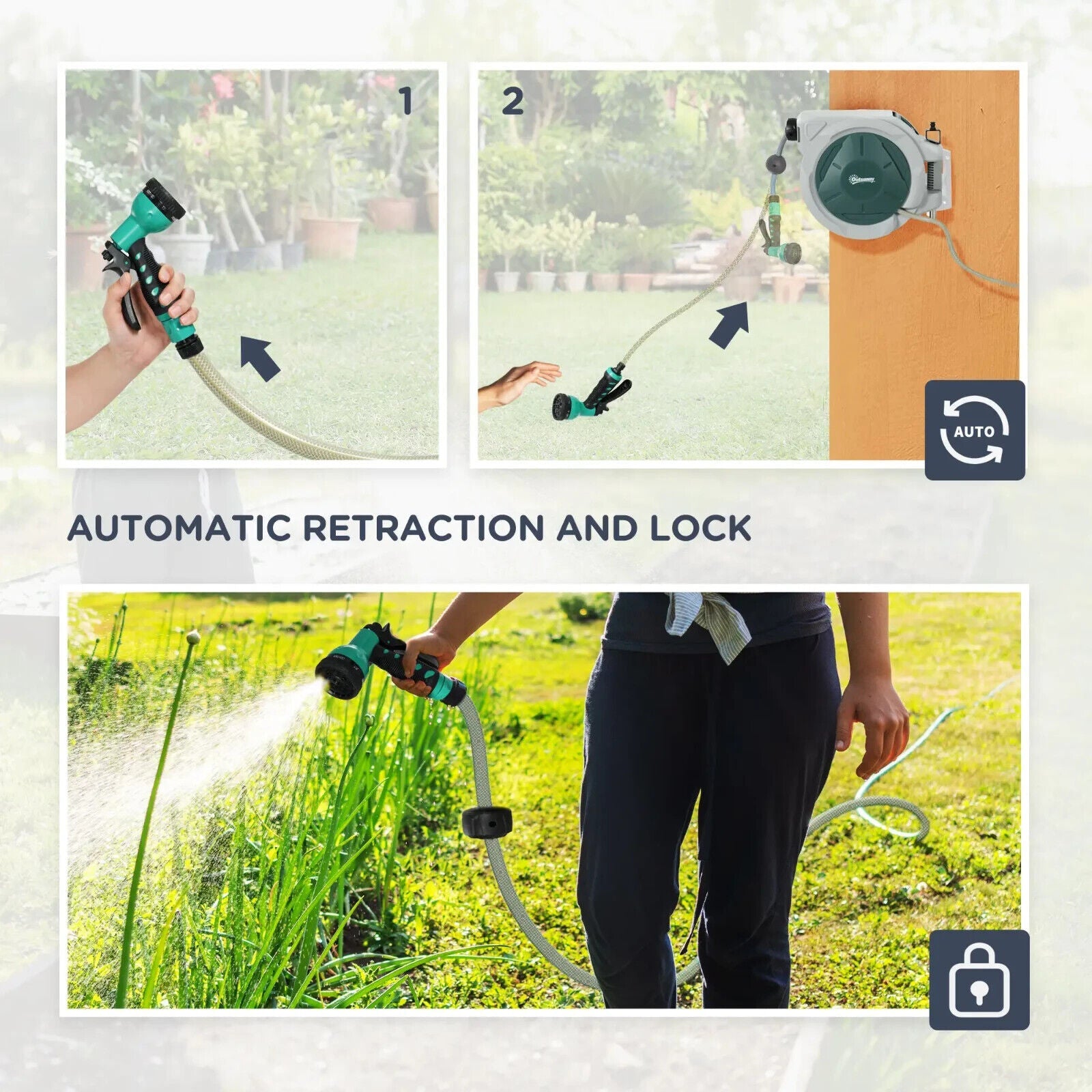 Retractable Hose Reel Wall Mounted 30 Plus 2 m Garden Hose Pipe w/ Lock&Nozzle - Home and Garden Furniture Shop - #rustic - furniture#