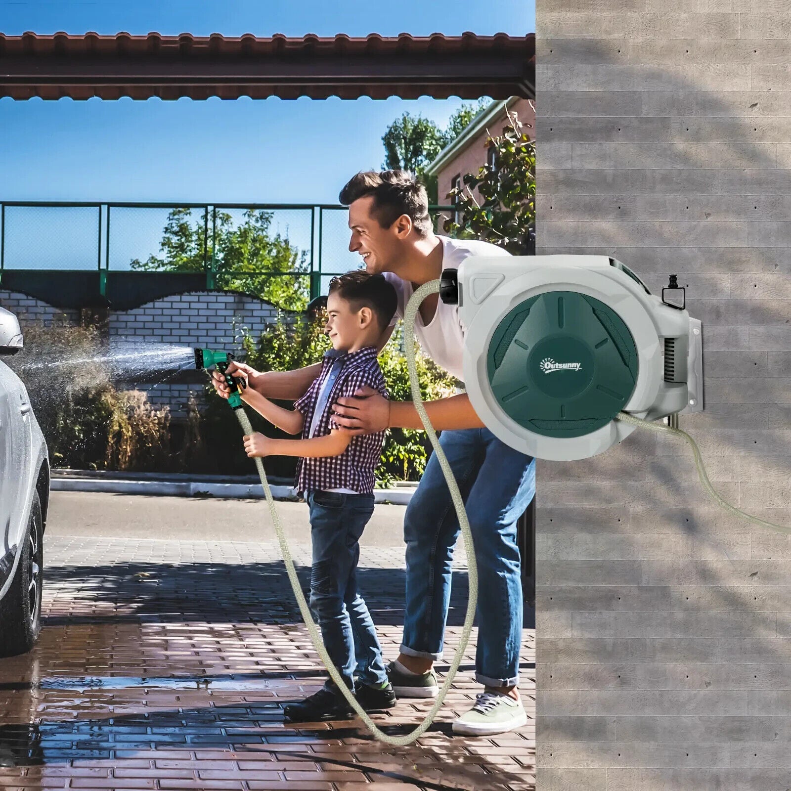 Retractable Hose Reel Wall Mounted 30 Plus 2 m Garden Hose Pipe w/ Lock&Nozzle - Home and Garden Furniture Shop - #rustic - furniture#