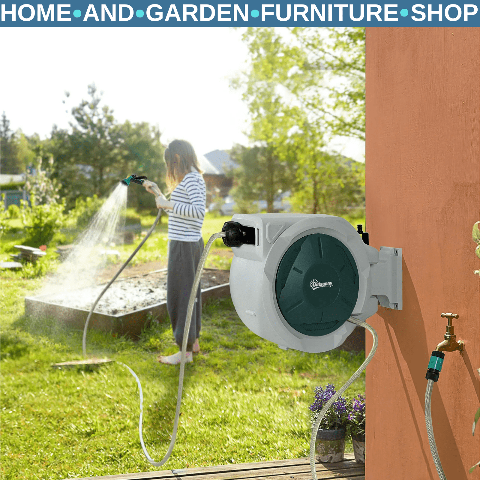 Retractable Hose Reel Wall Mounted 30 Plus 2 m Garden Hose Pipe w/ Lock&Nozzle - Home and Garden Furniture Shop - #rustic - furniture#