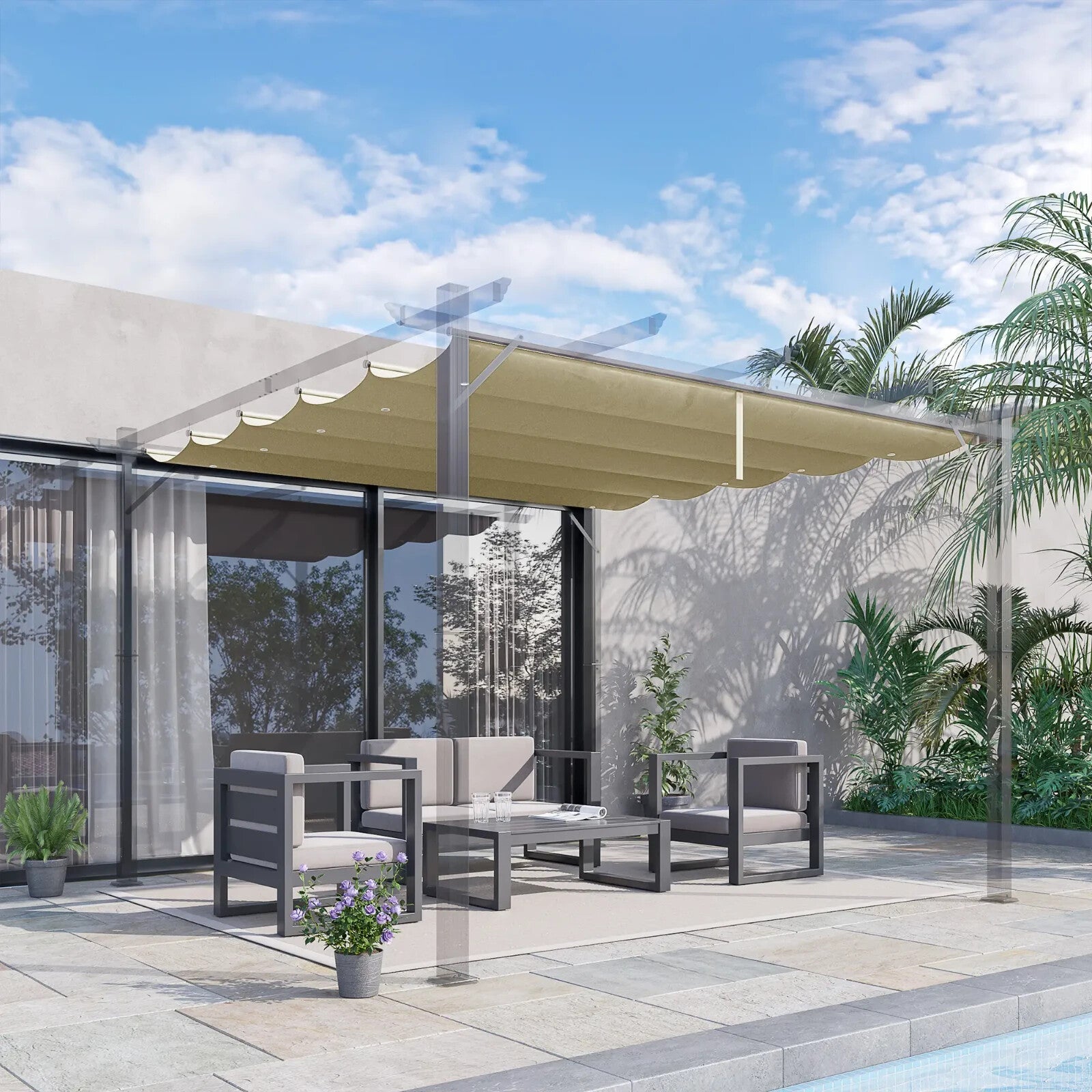 Retractable Pergola Canopy Replacement Roof Sun Shelter Water Resistant Beige - Home and Garden Furniture Shop - rustic - furniture