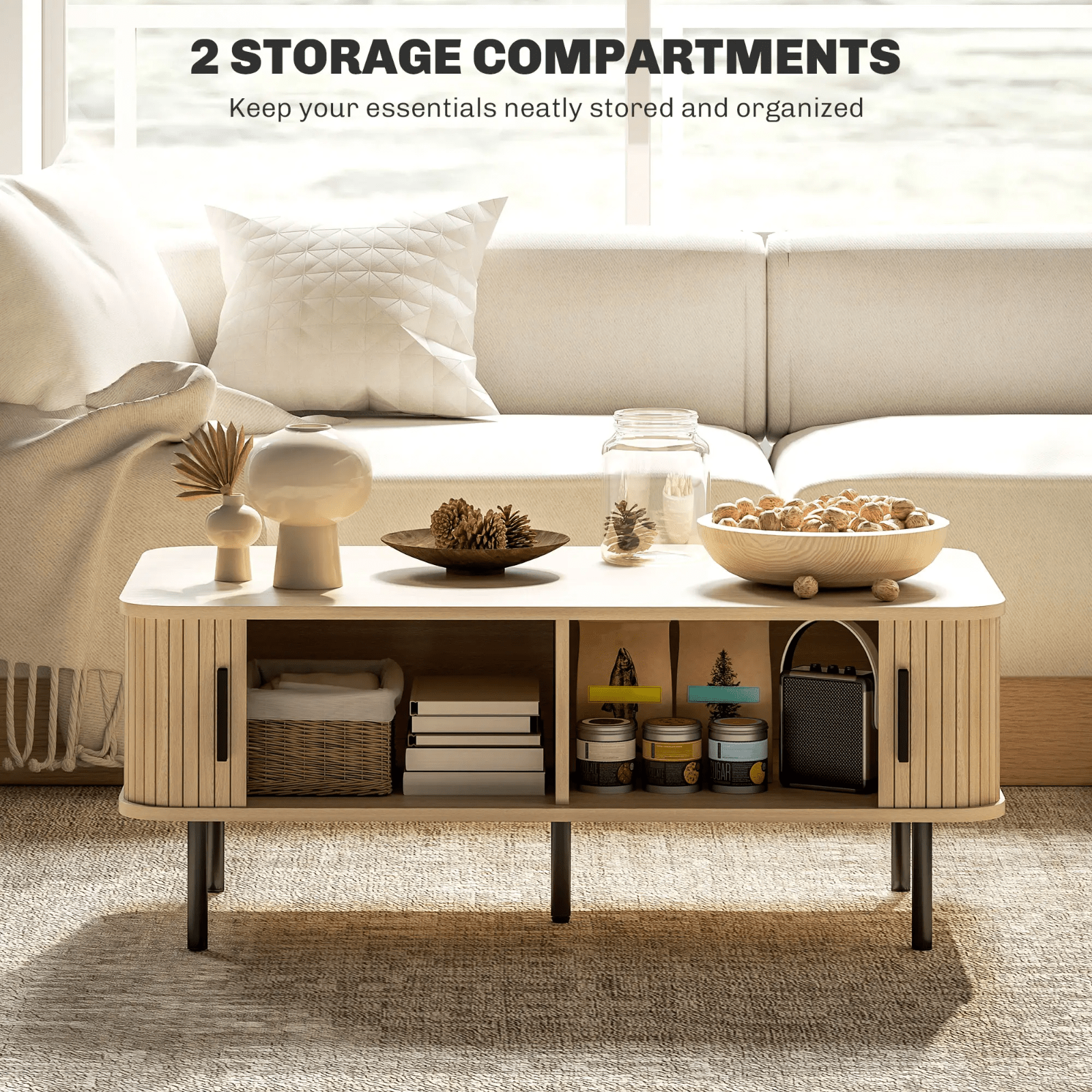 Retro Coffee Table with Storage Oak Wood Style Living Room Side Table Metal Legs - Home and Garden Furniture Shop - rustic - furniture