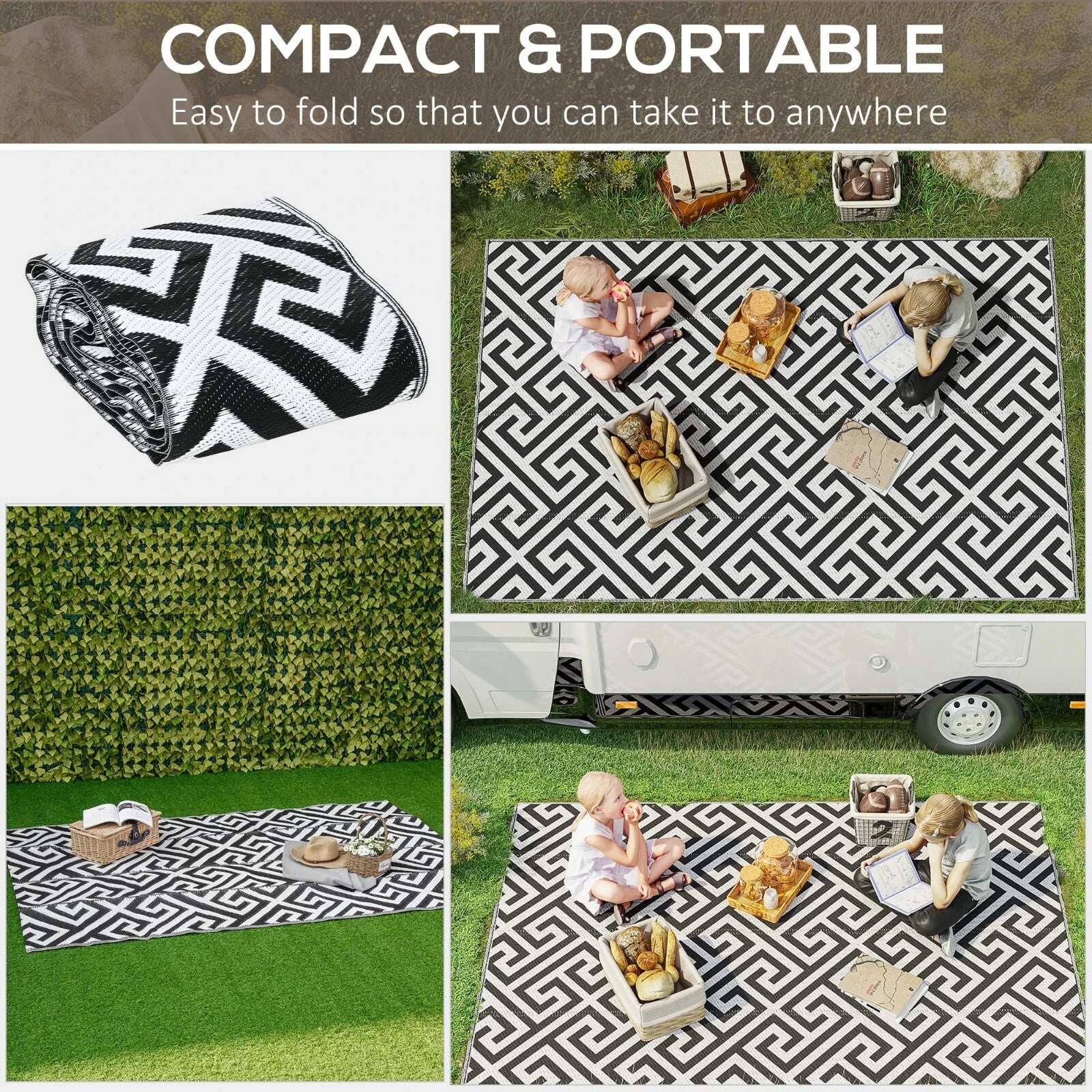 Reversible Mat Rug Durable Space - Saving Foldable Design Camping Black/White - Home and Garden Furniture Shop - rustic - furniture