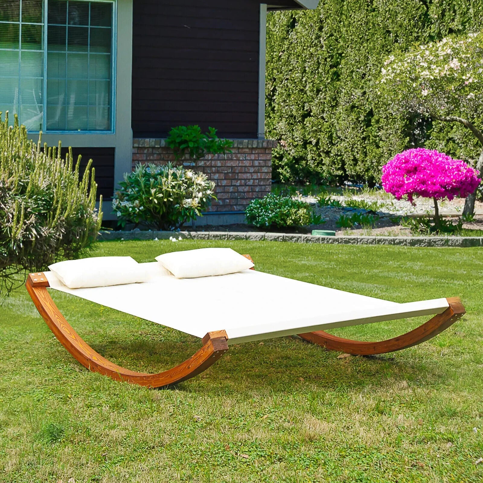 Rocking Double Sun Lounger with Wooden Frame Outdoor Garden Daybed White - Home and Garden Furniture Shop - #rustic - furniture#