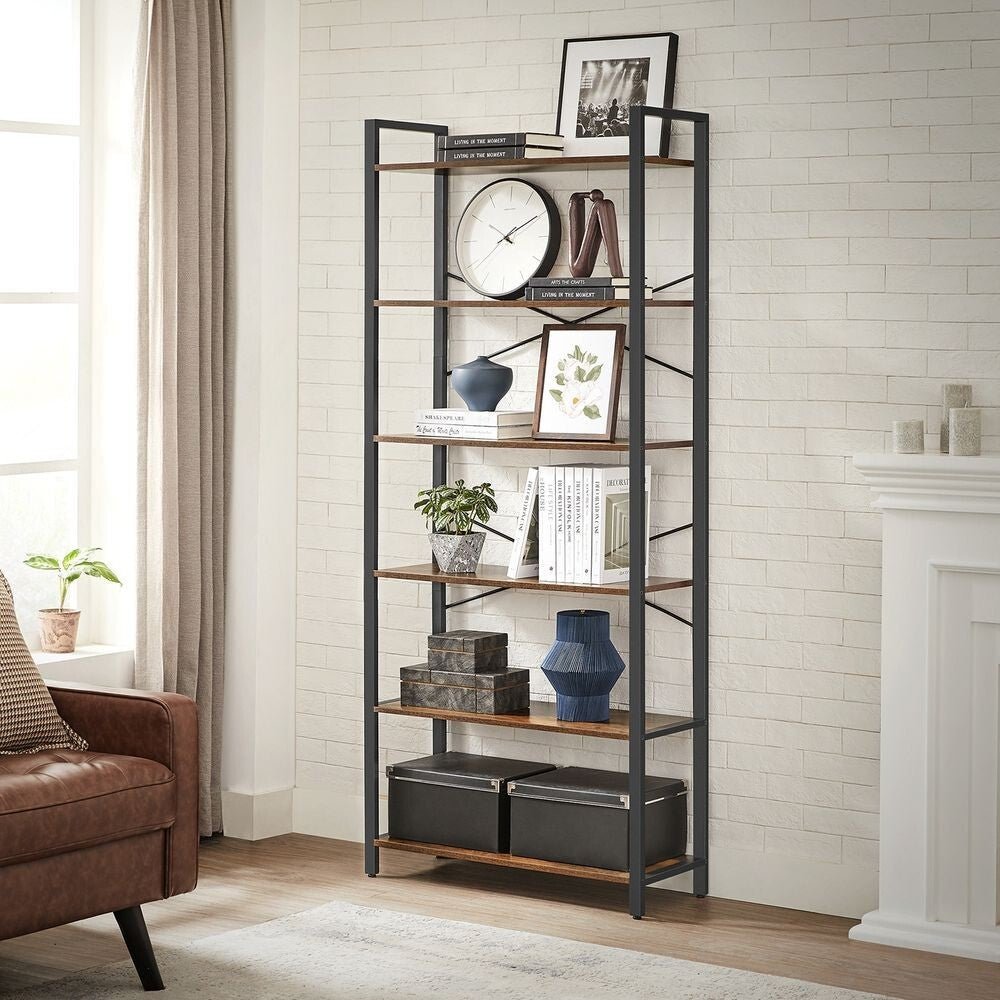 Rustic Brown Large Bookcase 6 Tier Tall Bookshelf Steel Frame Shelf Unit Tallboy - Home and Garden Furniture Shop - rustic - furniture