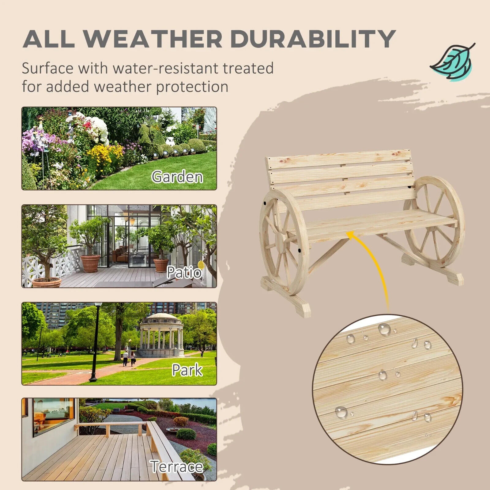 Rustic Wooden Garden Bench Wagon Wheel Design Outdoor Loveseat w/ Armrests Seat - Home and Garden Furniture Shop - #rustic - furniture#