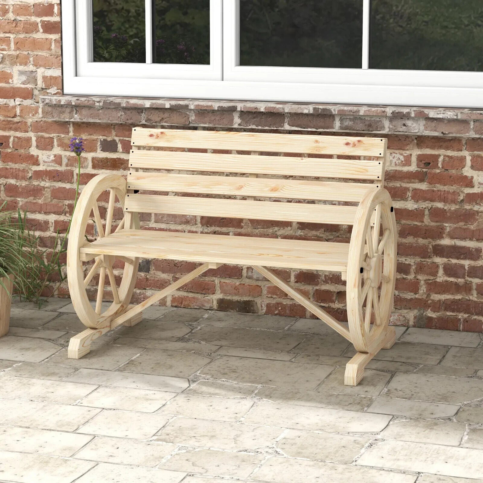 Rustic Wooden Garden Bench Wagon Wheel Design Outdoor Loveseat w/ Armrests Seat - Home and Garden Furniture Shop - #rustic - furniture#